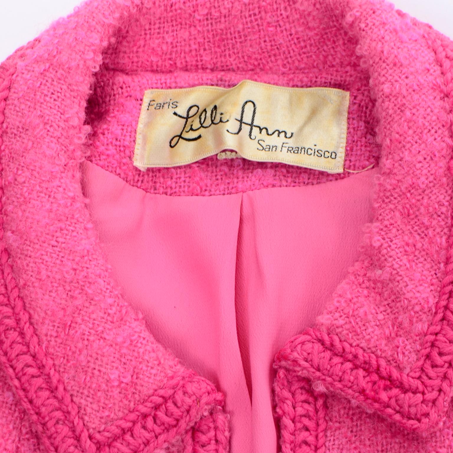Lilli Ann Vintage 1960s Hot Pink Wool Boucle Jacket W Chain Hem and Skirt Suit  6