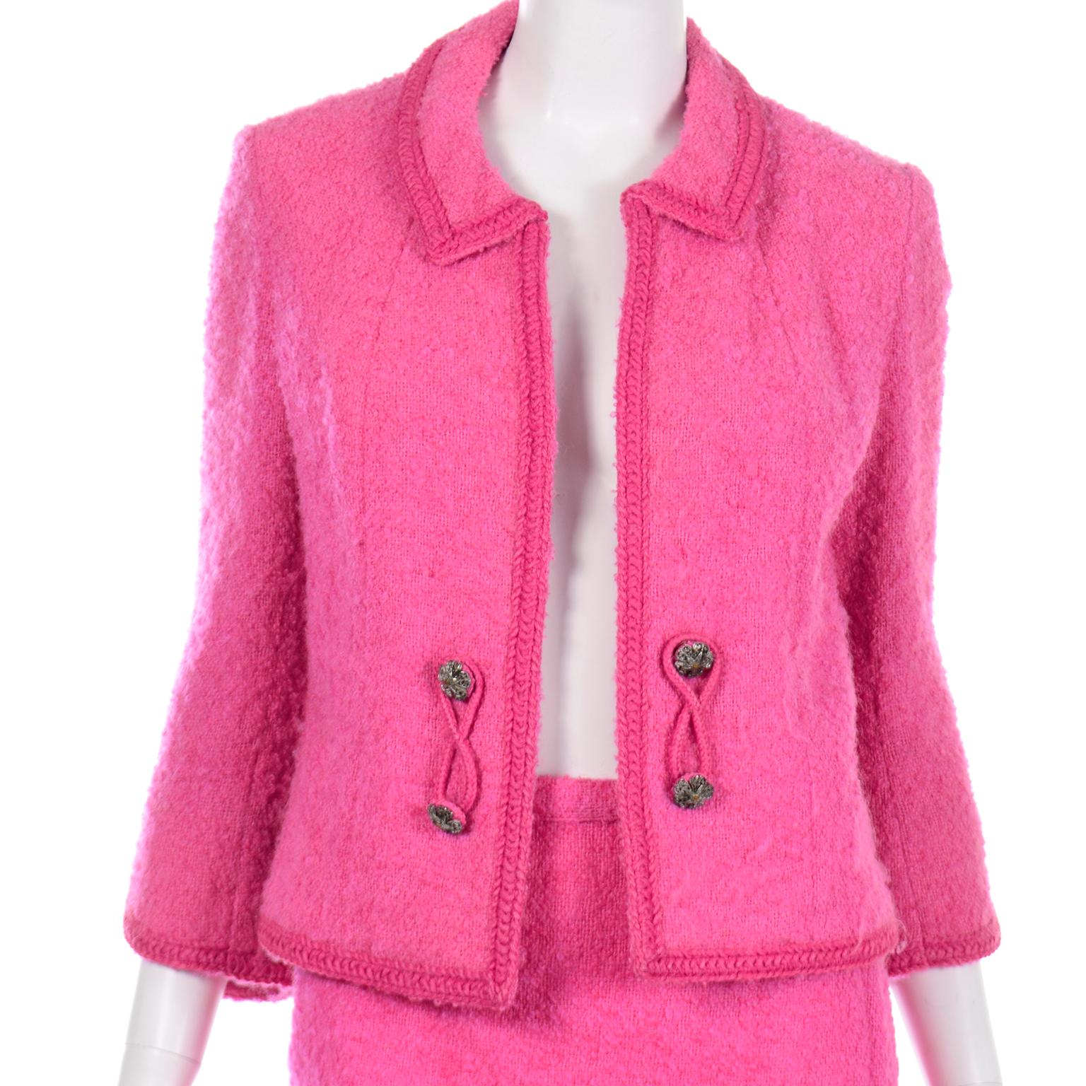 Lilli Ann Vintage 1960s Hot Pink Wool Boucle Jacket W Chain Hem and Skirt Suit  In Excellent Condition In Portland, OR