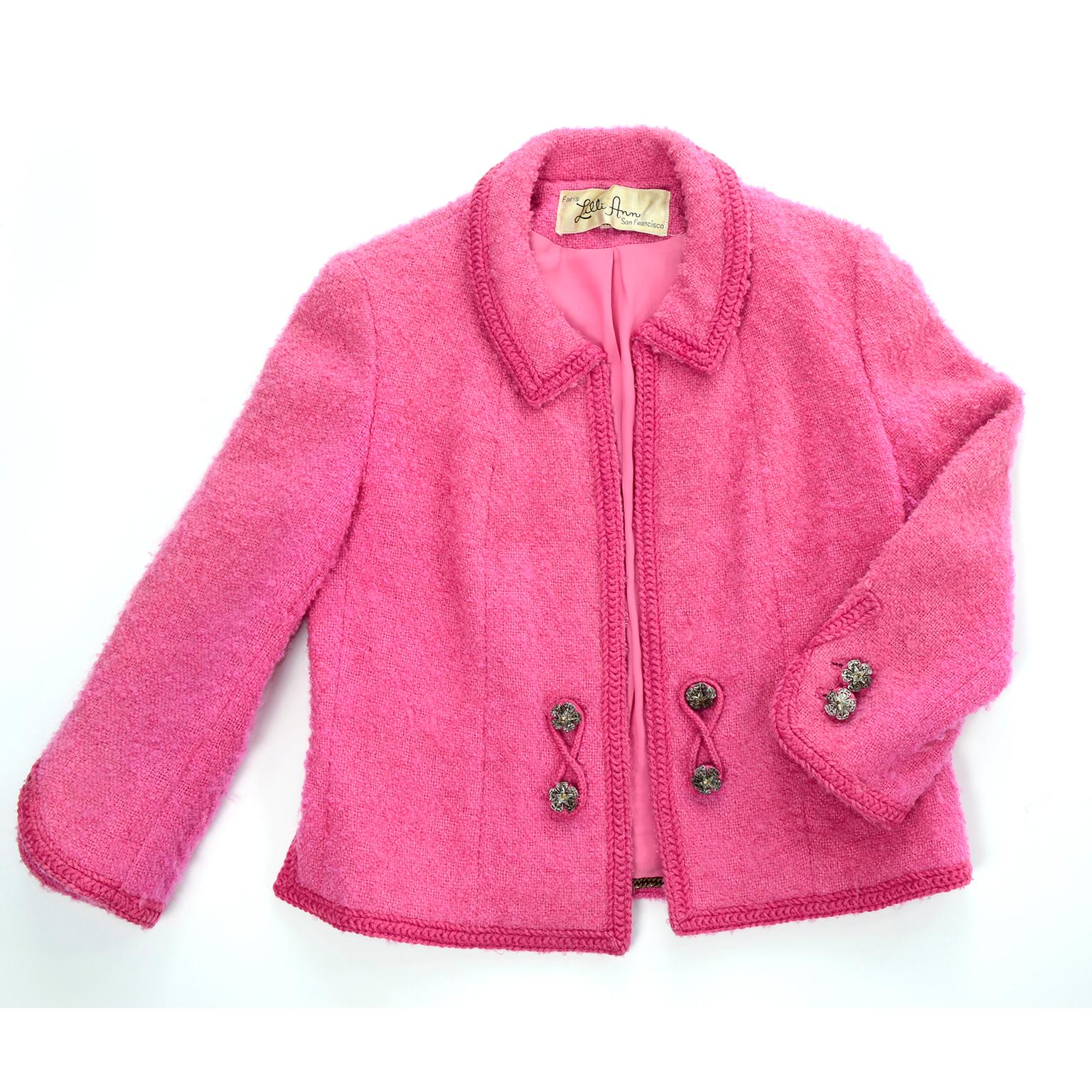 Women's Lilli Ann Vintage 1960s Hot Pink Wool Boucle Jacket W Chain Hem and Skirt Suit 