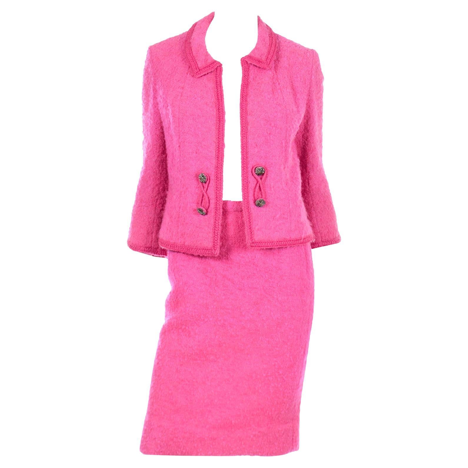 Lilli Ann Vintage 1960s Hot Pink Wool Boucle Jacket W Chain Hem and Skirt Suit 