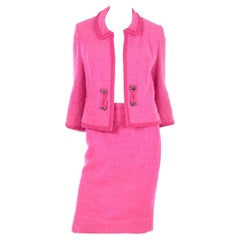 Lilli Ann Retro 1960s Hot Pink Wool Boucle Jacket W Chain Hem and Skirt Suit 