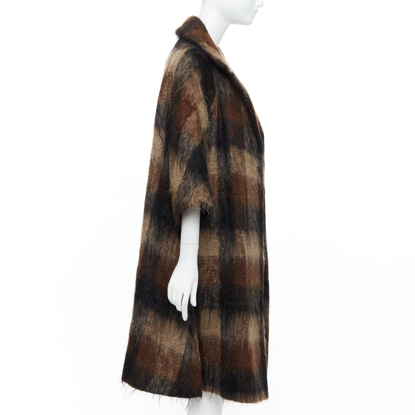 LILLI ANN Vintage brown checked mohair wide sleeve long overcoat In Good Condition For Sale In Hong Kong, NT