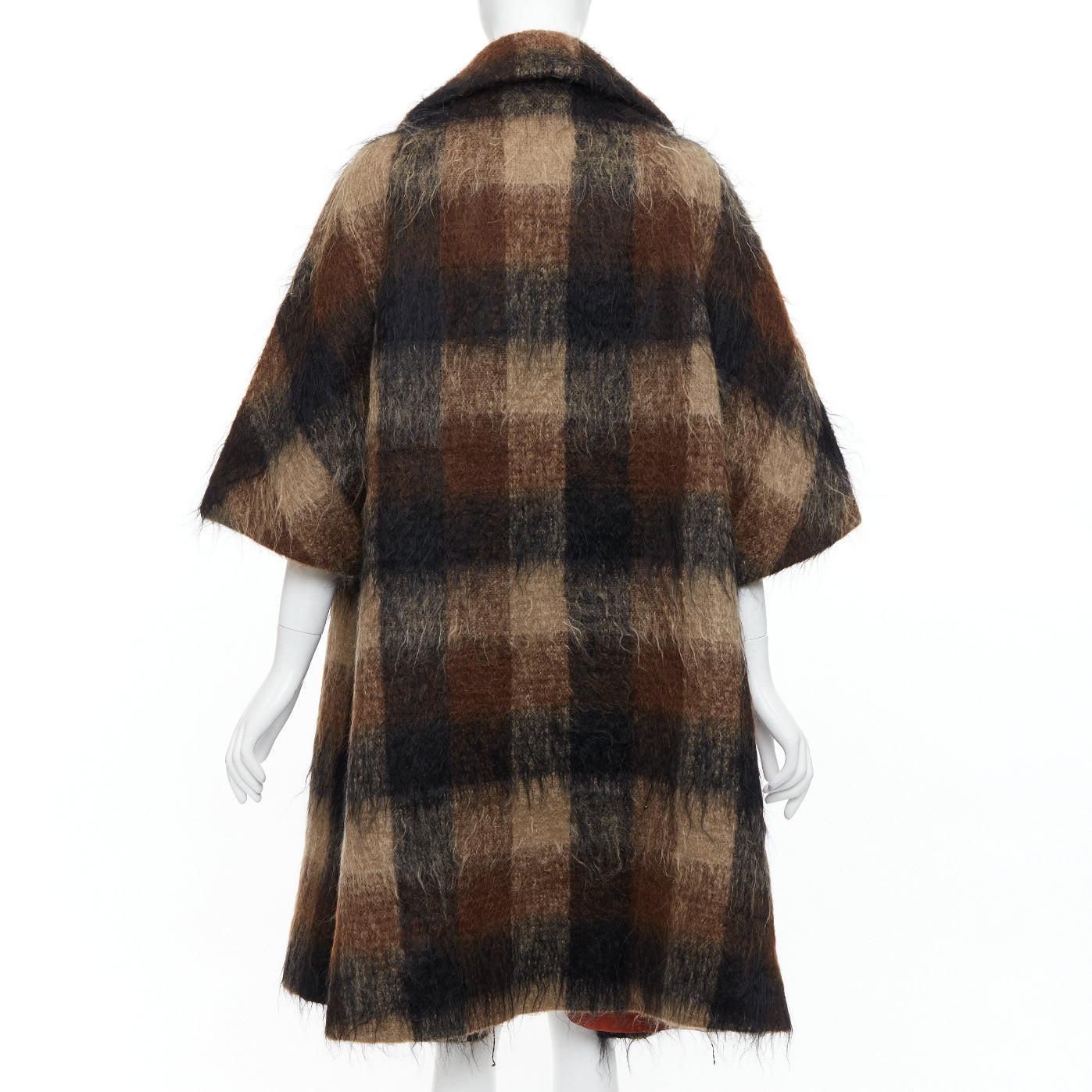 Women's LILLI ANN Vintage brown checked mohair wide sleeve long overcoat For Sale