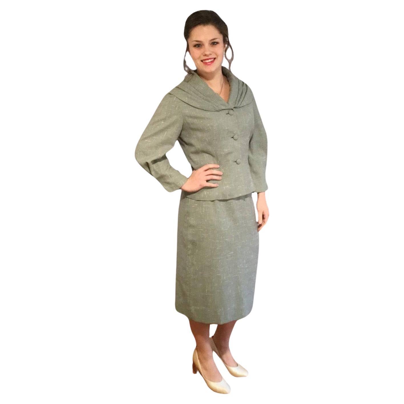 Lilli Ann Vintage Grey Green Pencil Skirt Suit with Sailor Collar Circa 1950s SM For Sale