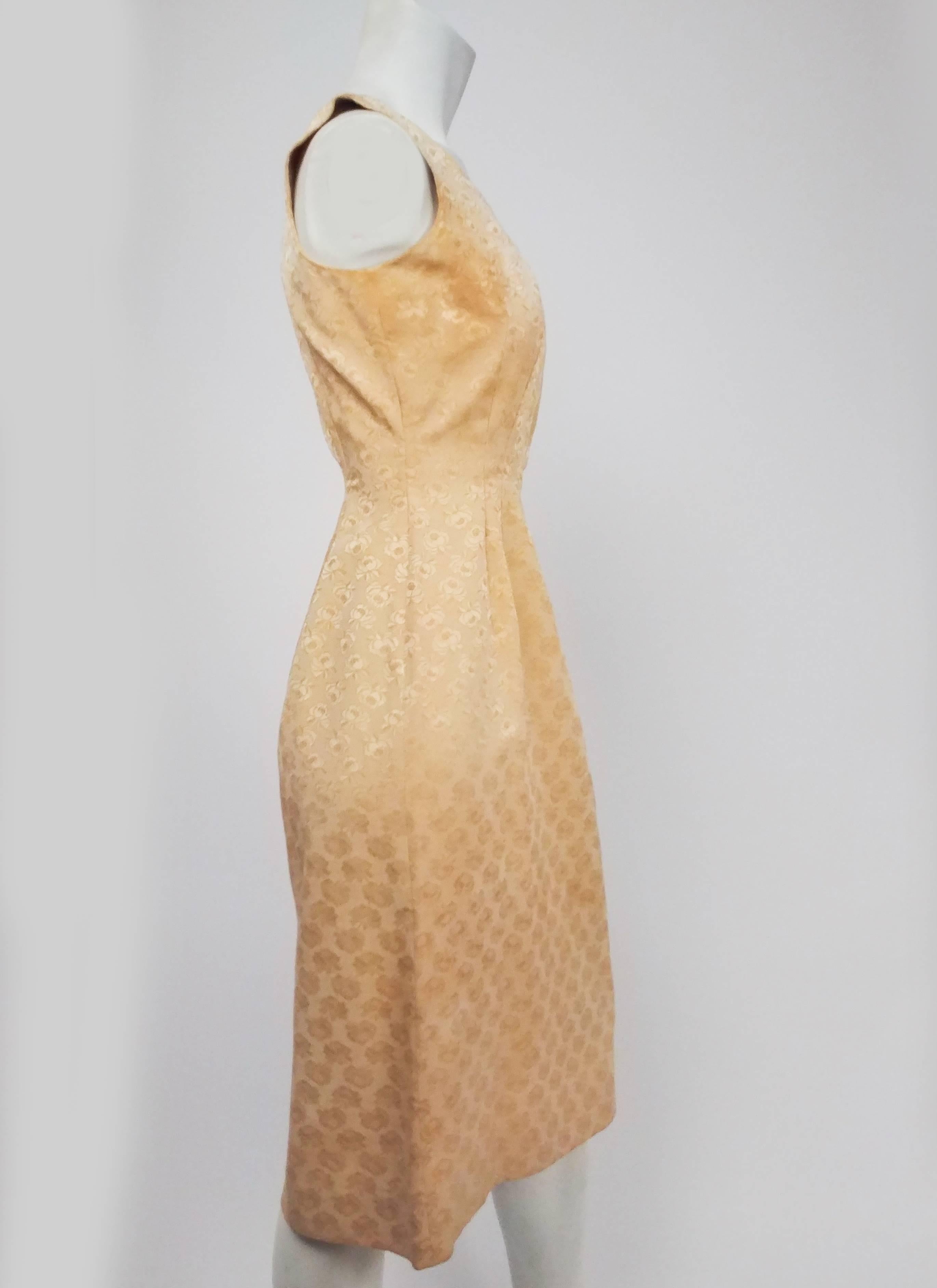Lilli Ann Yellow Rose Jacquard Cocktail Dress, 1960s. Textured yellow jacquard with rose pattern shift dress. Zips up back.