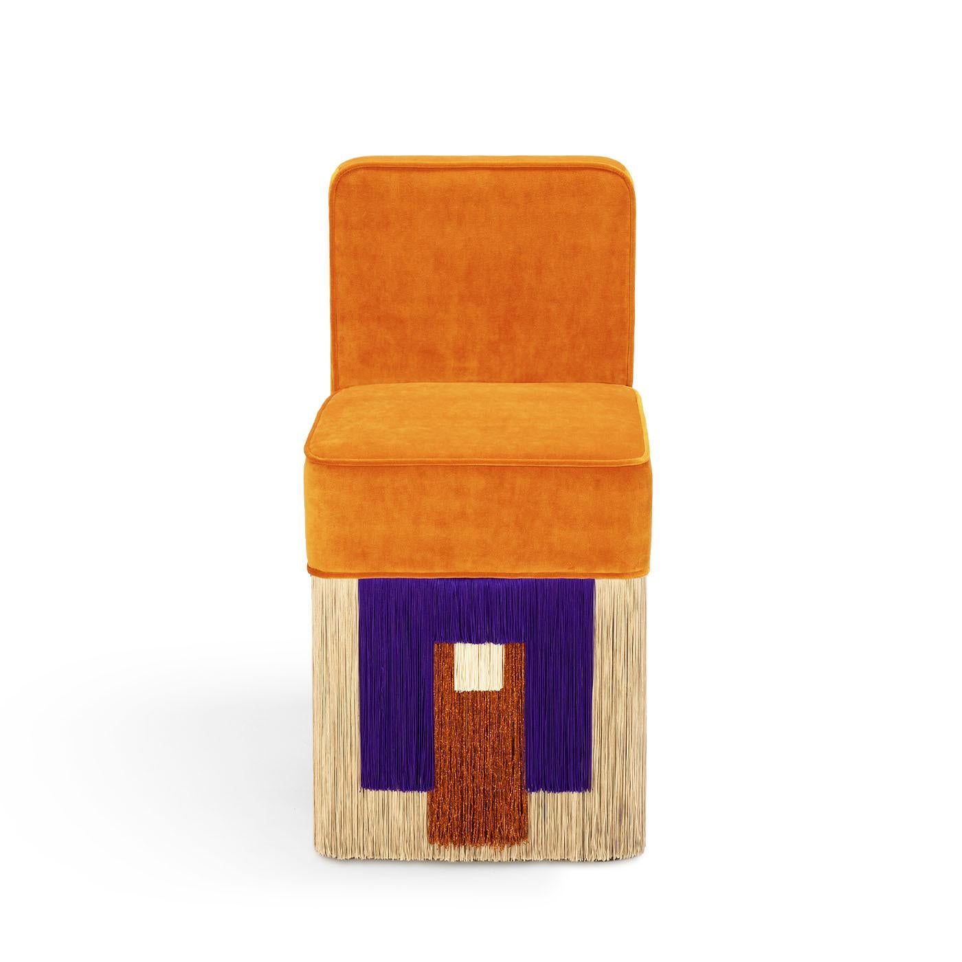Blending comfort with bold elegance, the Lilli Cleo chair features vibrant orange velvet seating and geometric purple fringes highlighted with copper accents and ivory details. Designed for chic lounges and stylish living rooms, its compact form