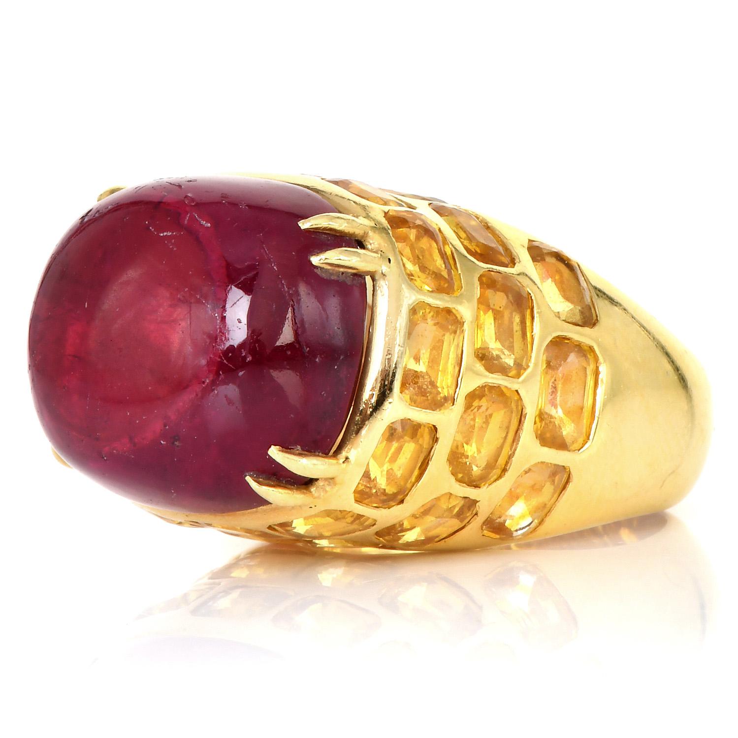 Modern Lilli Designer Raspberry Tourmaline Yellow Sapphire 18K Gold Retro Cocktail Ring For Sale