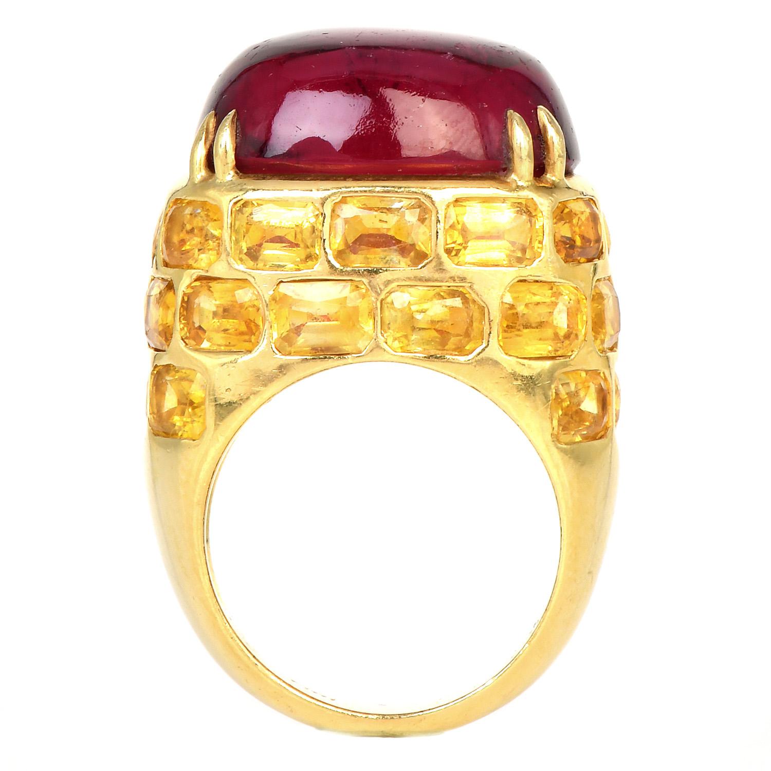 Cabochon Lilli Designer Raspberry Tourmaline Yellow Sapphire 18K Gold Retro Cocktail Ring For Sale