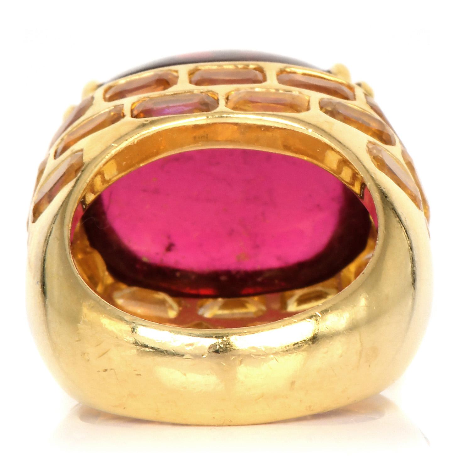 Lilli Designer Raspberry Tourmaline Yellow Sapphire 18K Gold Retro Cocktail Ring In Excellent Condition For Sale In Miami, FL