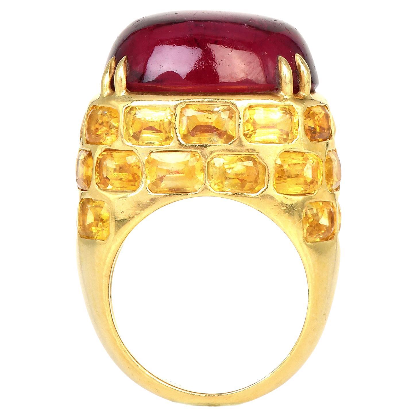 Lilli Designer Raspberry Tourmaline Yellow Sapphire 18K Gold Retro Cocktail Ring For Sale