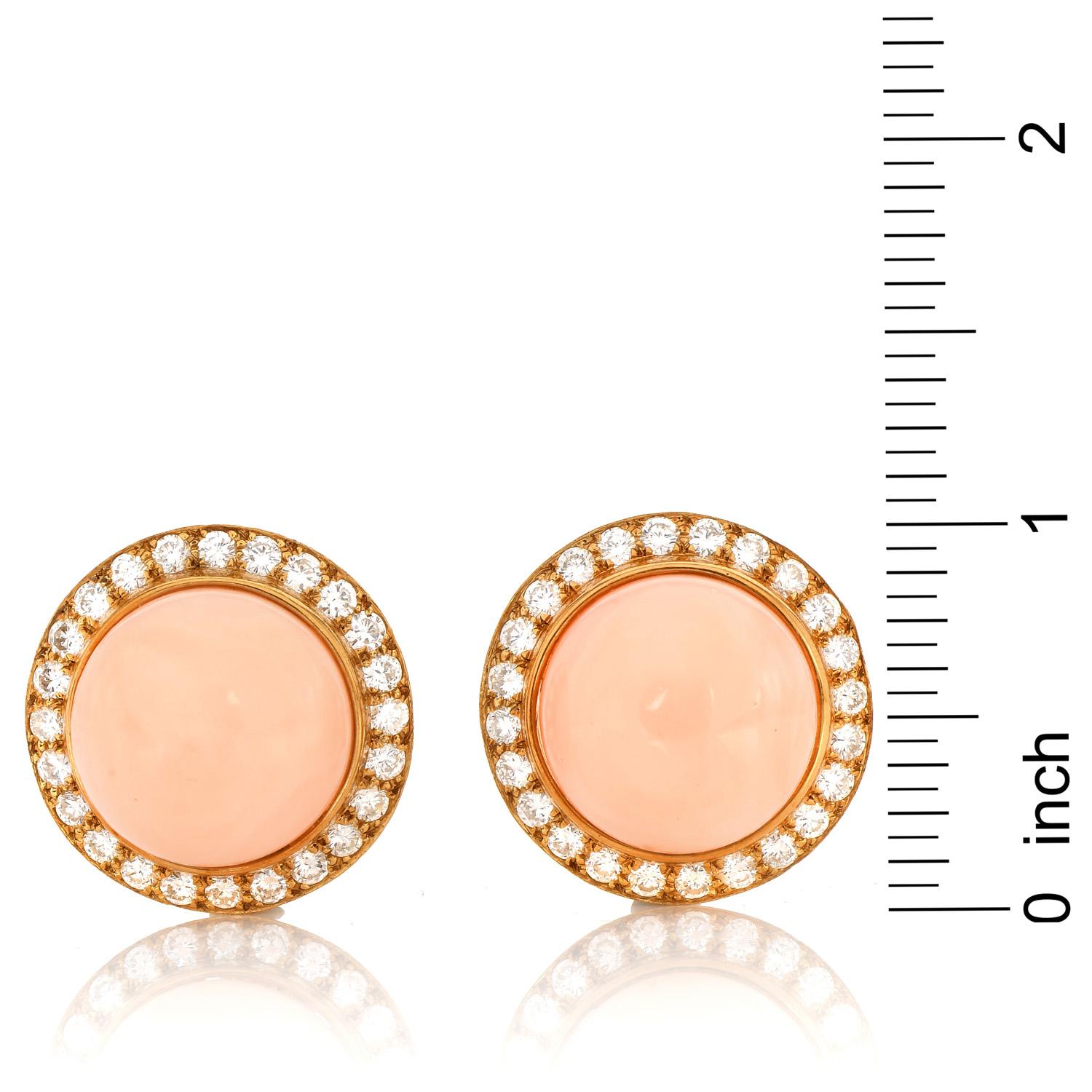 Cabochon Lilli Designer Retro Diamond Pink Coral 18K Gold  Cercular Clip On Earrings For Sale