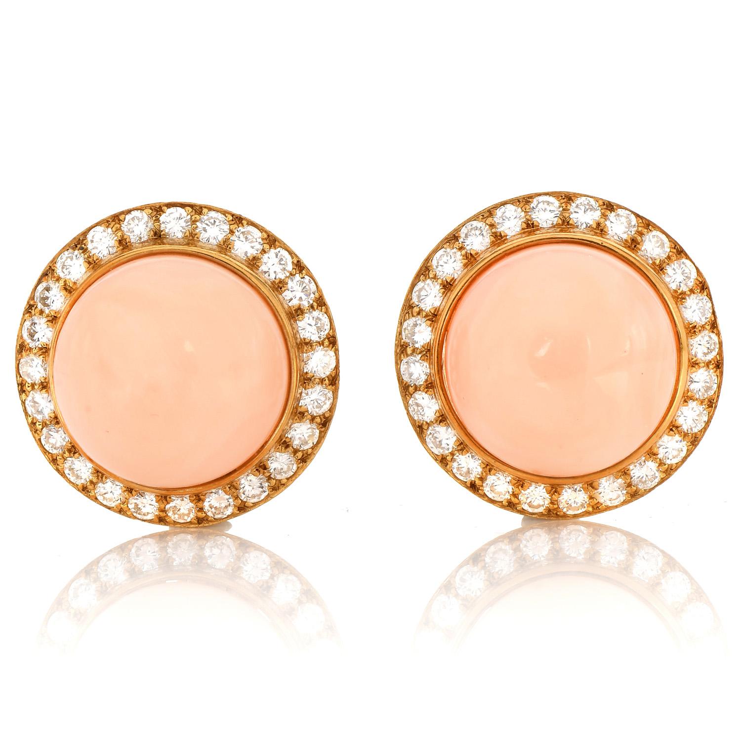 Lilli Designer Retro Diamond Pink Coral 18K Gold  Cercular Clip On Earrings For Sale