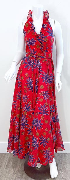 Lilli Diamond 1970s Sz 2 Abstract Leaf Print Red Halter Cotton Voile Maxi Dress