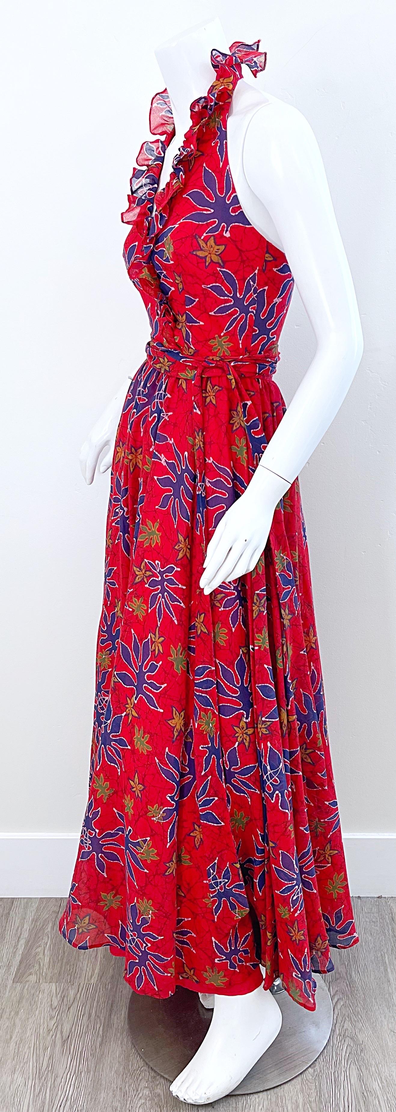 Lilli Diamond 1970s Sz 2 Abstract Leaf Print Red Halter Cotton Voile Maxi Dress For Sale 2