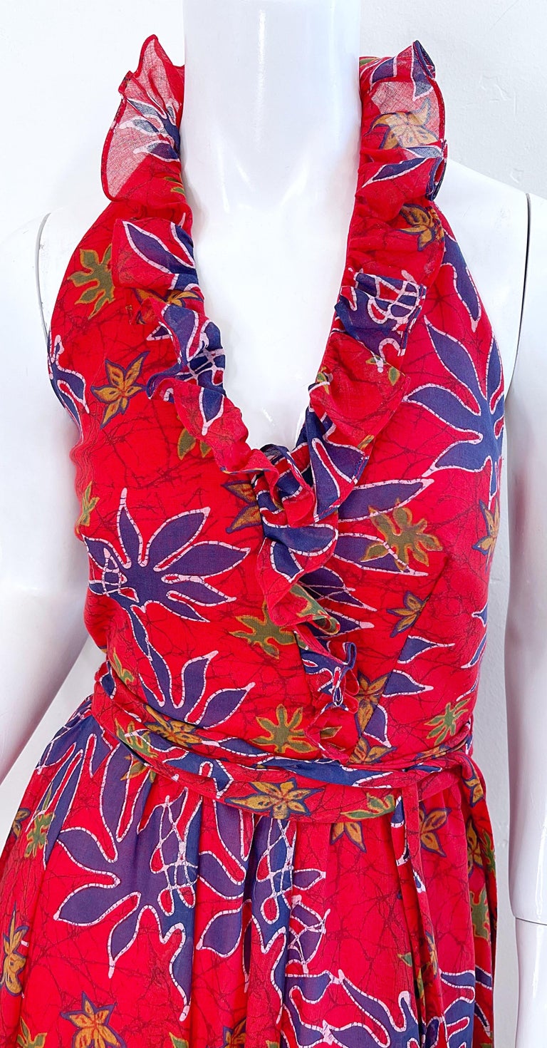 Lilli Diamond 1970s Sz 2 Abstract Leaf Print Red Halter Cotton Voile Maxi Dress For Sale 3
