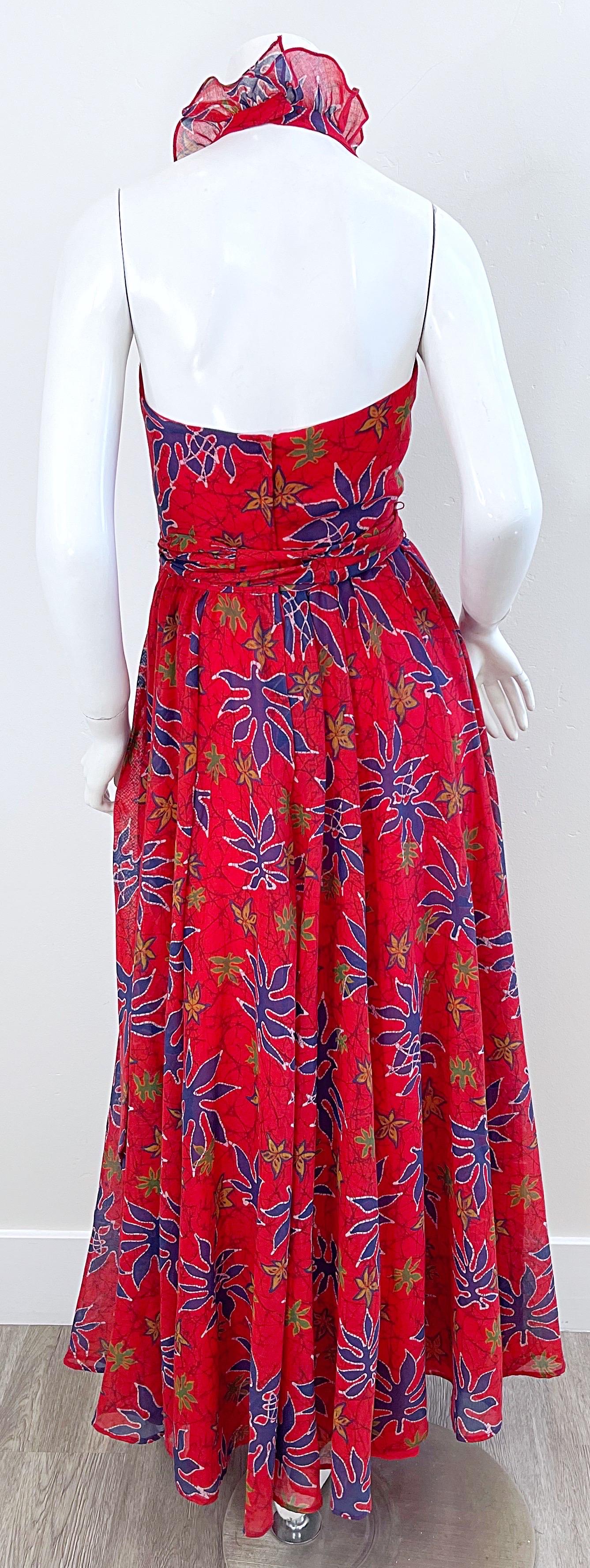 Lilli Diamond 1970s Sz 2 Abstract Leaf Print Red Halter Cotton Voile Maxi Dress For Sale 4