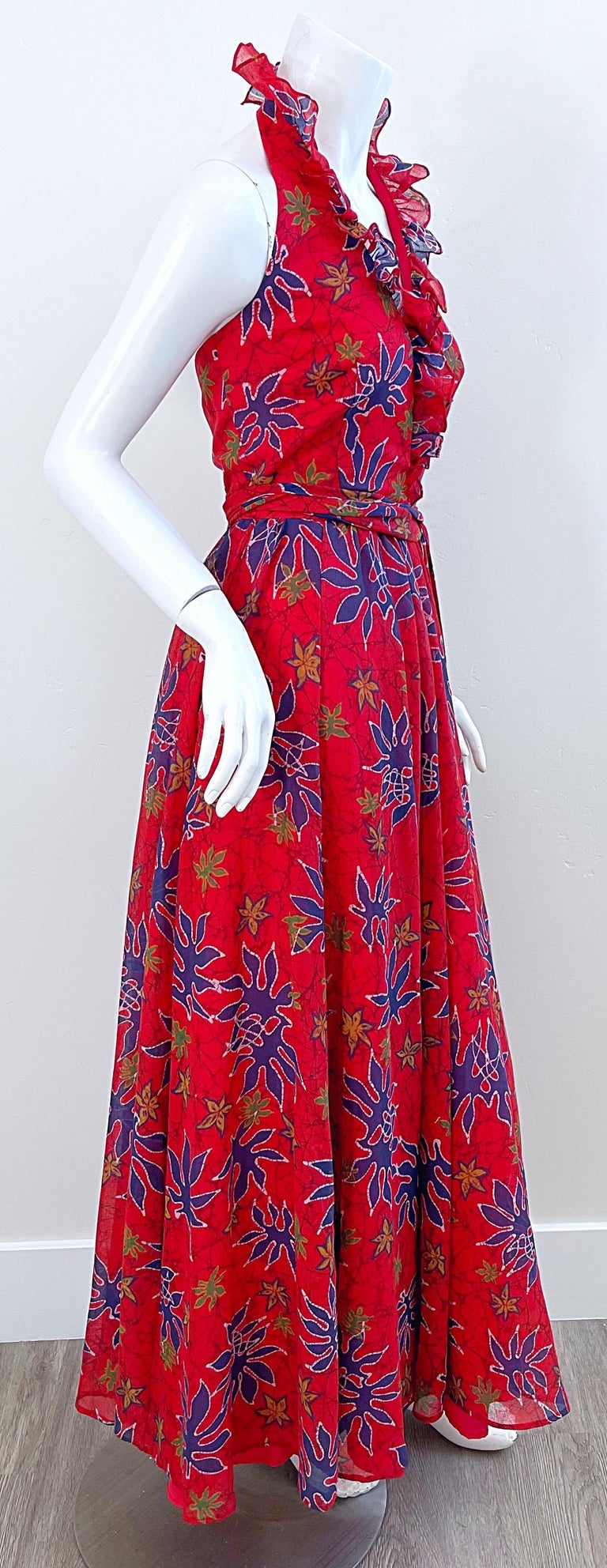 Lilli Diamond 1970s Sz 2 Abstract Leaf Print Red Halter Cotton Voile Maxi Dress For Sale 5
