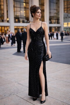 Lilli Diamond Vestido de noche de punto de lentejuelas negro vintage de los años 70 Talla M