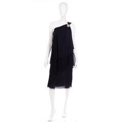 Lilli Diamond Vintage Black 1970s One Shoulder Grecian Evening Dress w Jewel