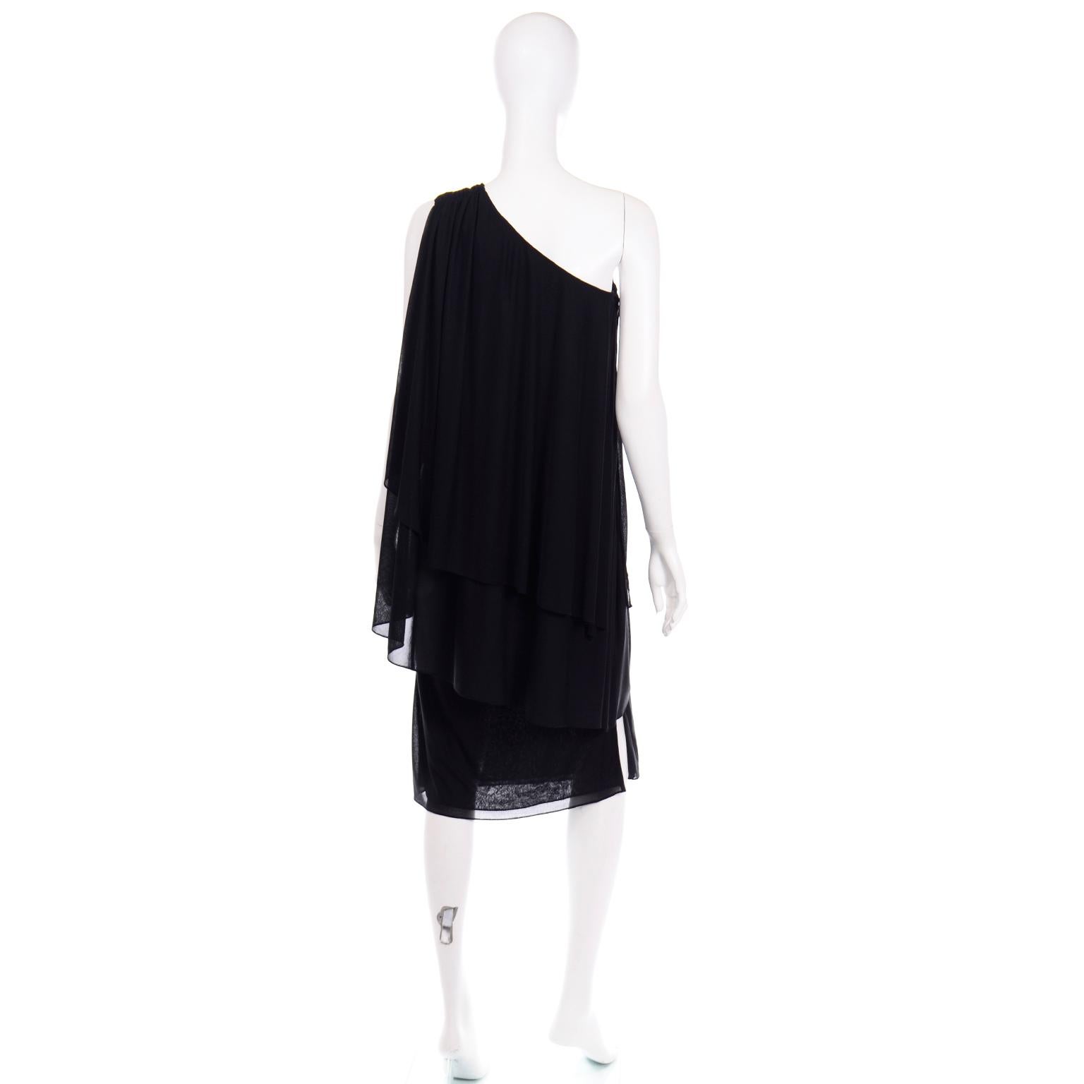Lilli Diamond Vintage Black 1970s One Shoulder Grecian Evening Dress w Jewel For Sale 1