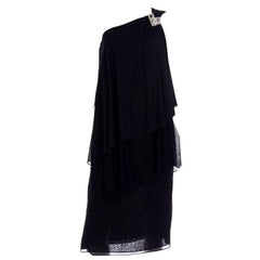 Lilli Diamond Vintage Black 1970s One Shoulder Grecian Evening Dress w Jewel