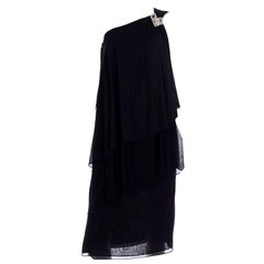 Lilli Diamond Vintage Schwarz 1970er Jahre eine Schulter griechisches Abendkleid mit Juwel