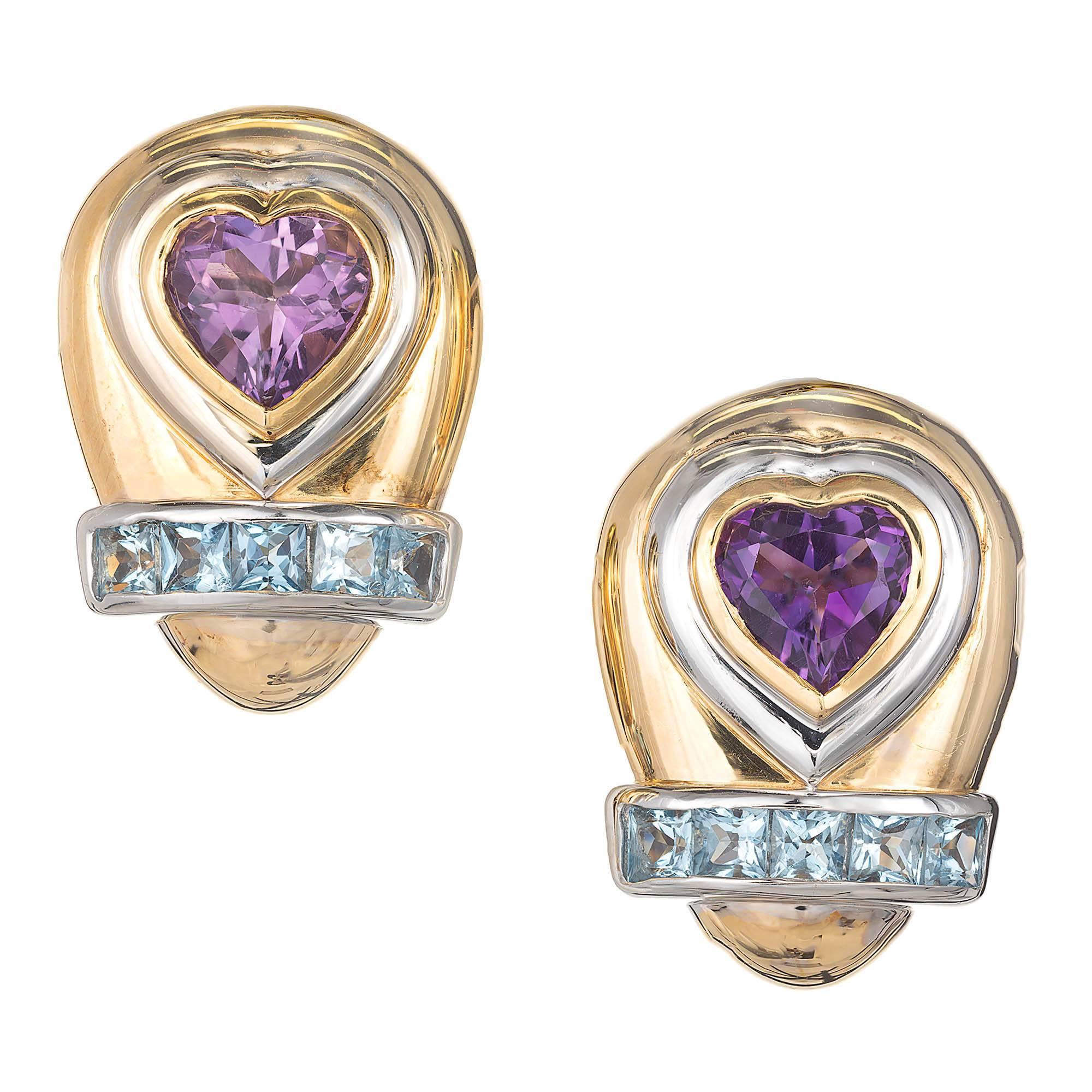Lilli Heart Amethyst Square Aquamarine Clip Post Gold Earrings For Sale 1