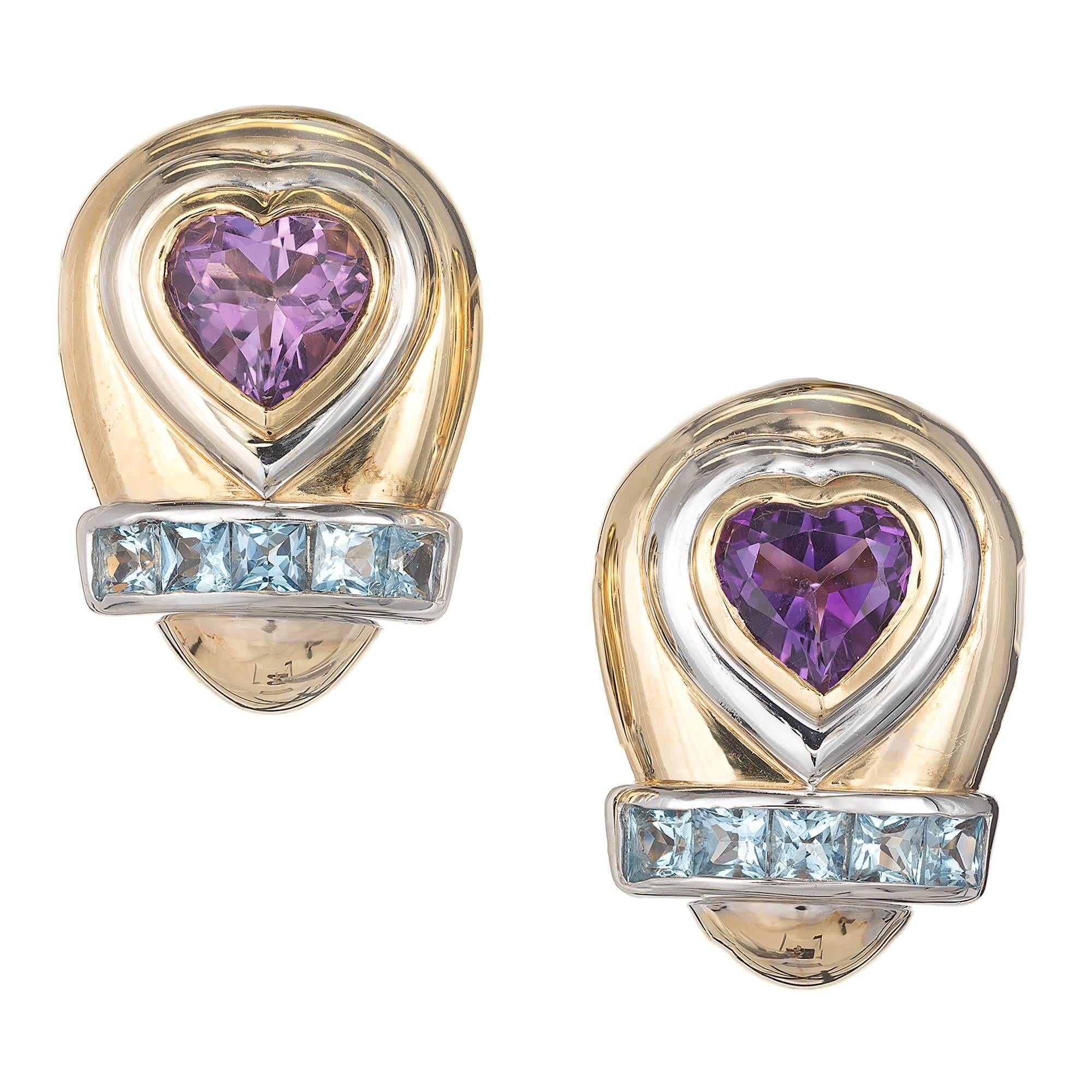 Lilli Heart Amethyst Square Aquamarine Clip Post Gold Earrings For Sale