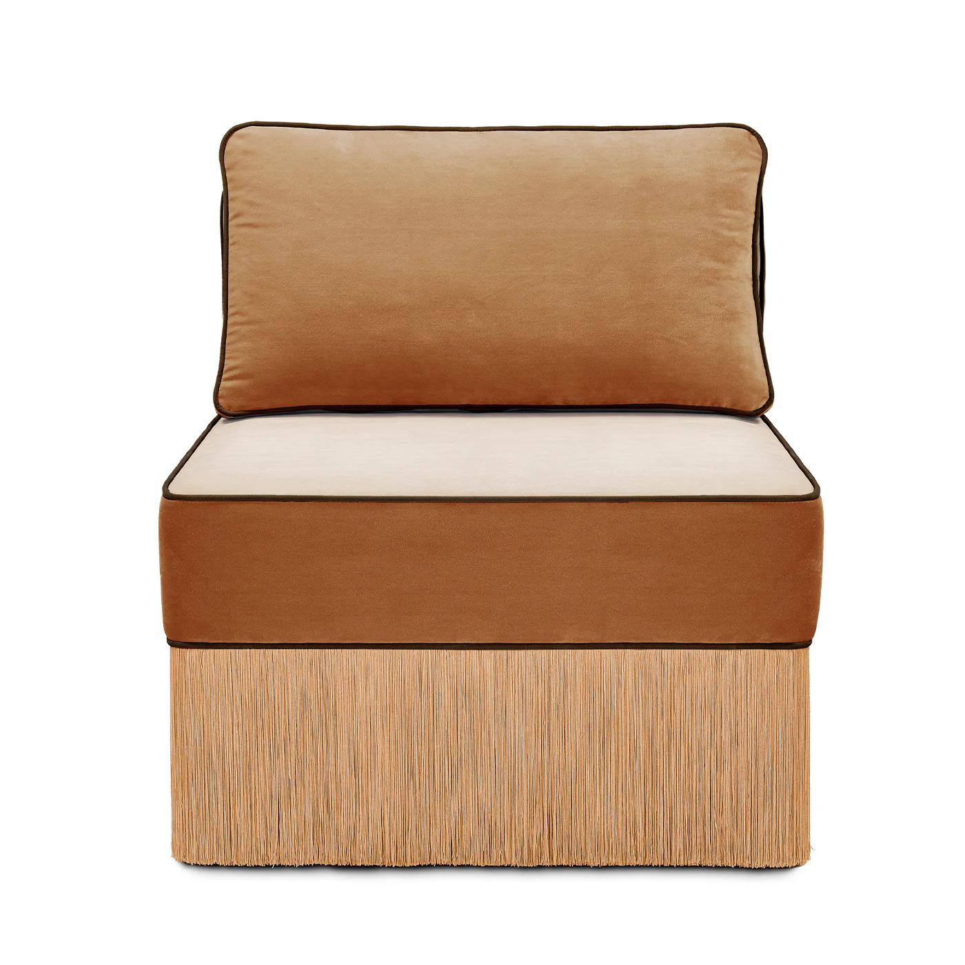 Italian Lilli modular beige and cognac fabric with fringes lounge Armchair For Sale