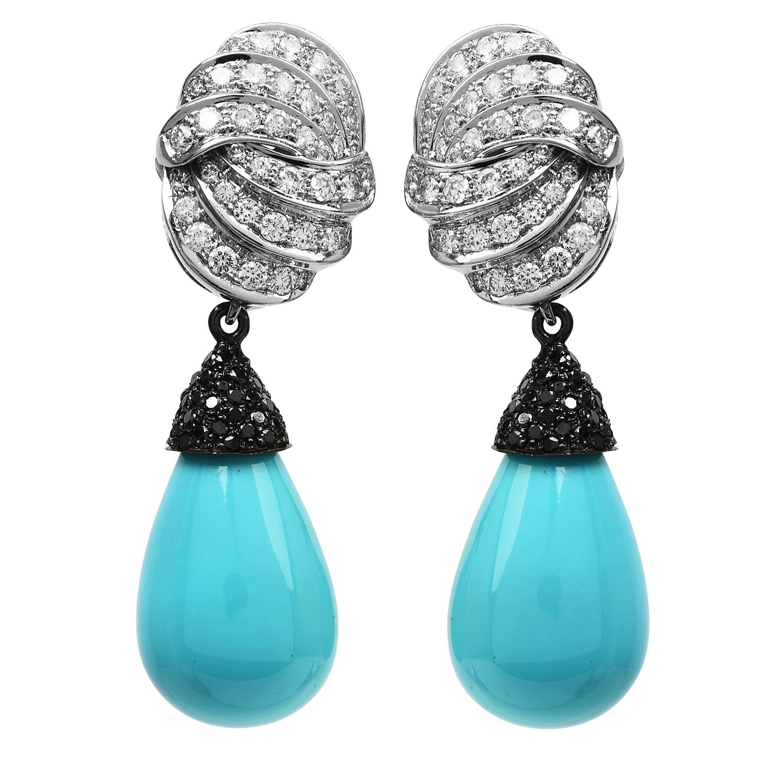 Modern Lilli Turquoise Diamond 18K White Gold  Dangle Drop Day-Night Earrings For Sale