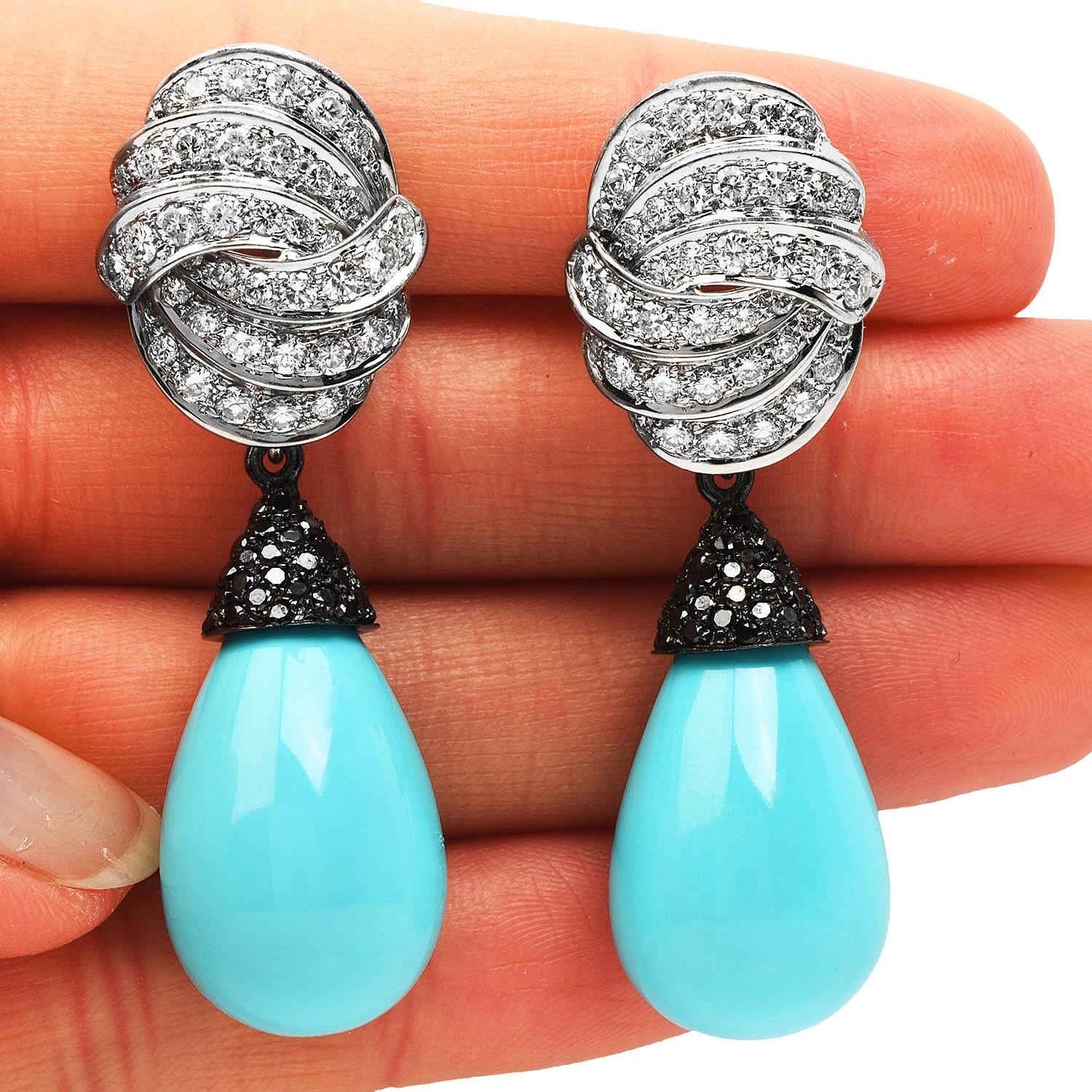 Sugarloaf Cabochon Lilli Turquoise Diamond 18K White Gold  Dangle Drop Day-Night Earrings For Sale