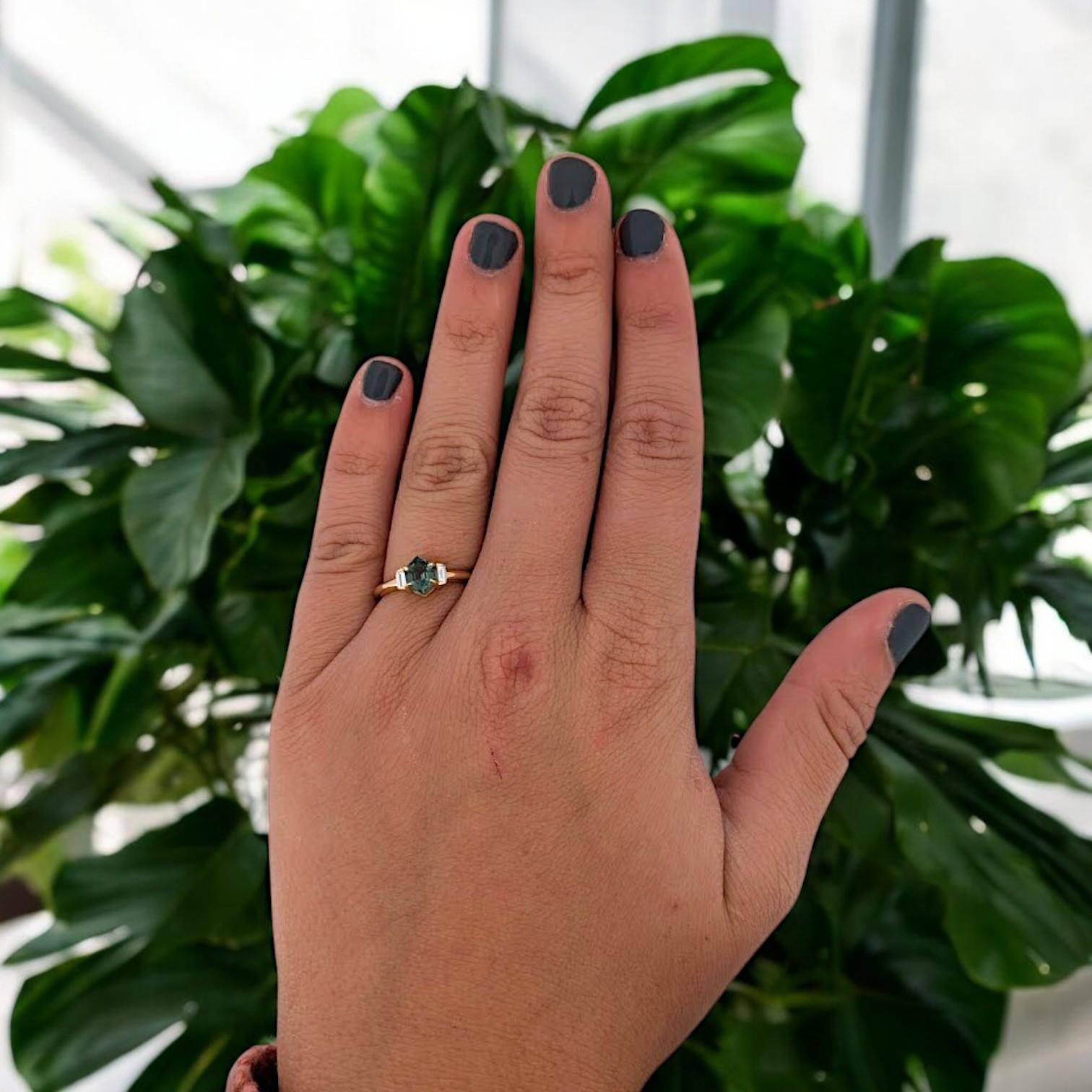 Modern Lillian  14K Gold Green Sapphire Ring, Diamond Accent Band, Engagement Ring For Sale