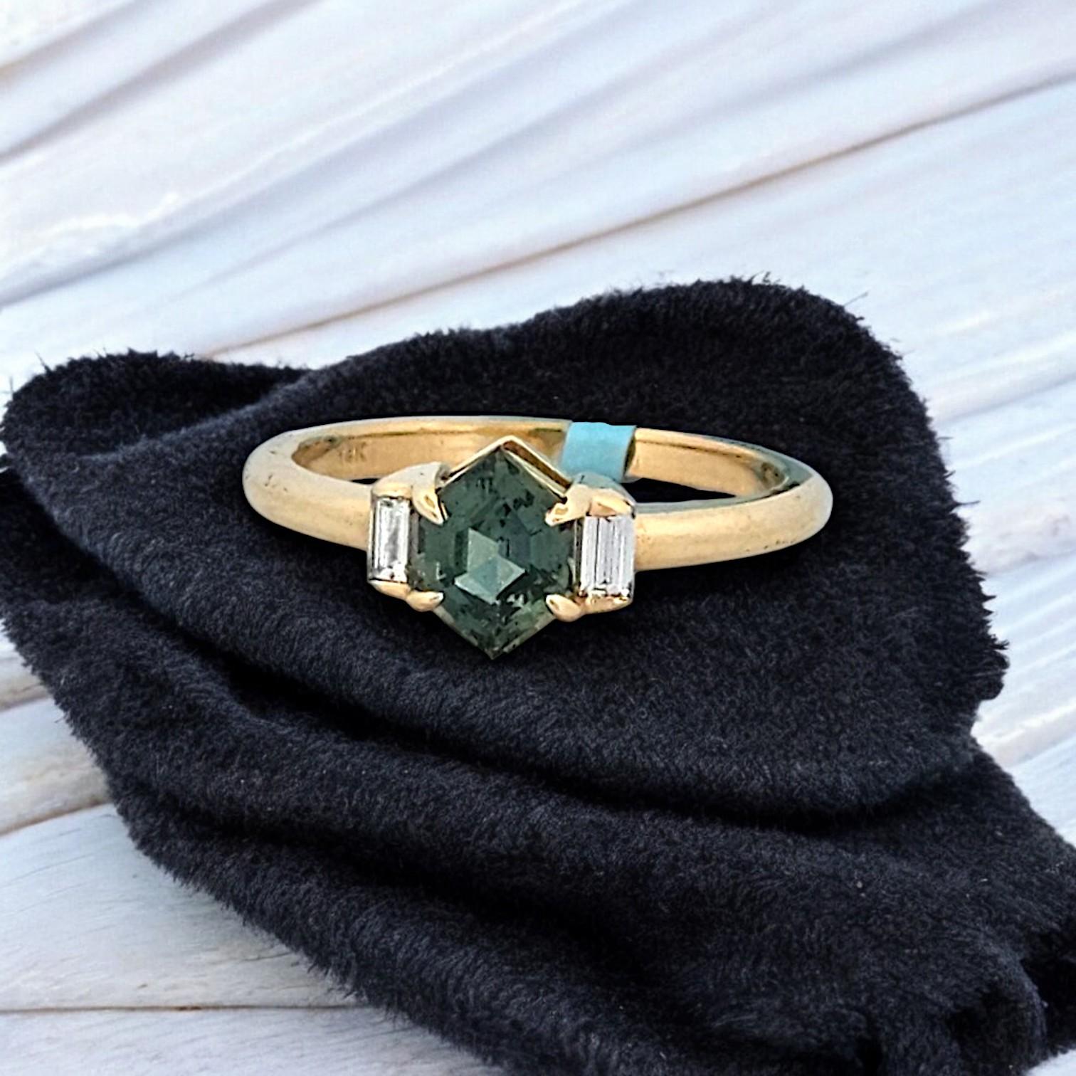 Women's Lillian  14K Gold Green Sapphire Ring, Diamond Accent Band, Engagement Ring For Sale