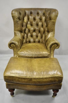 Lillian August Brown Green Leather Chesterfield Club Lounge Chair & Ottoman