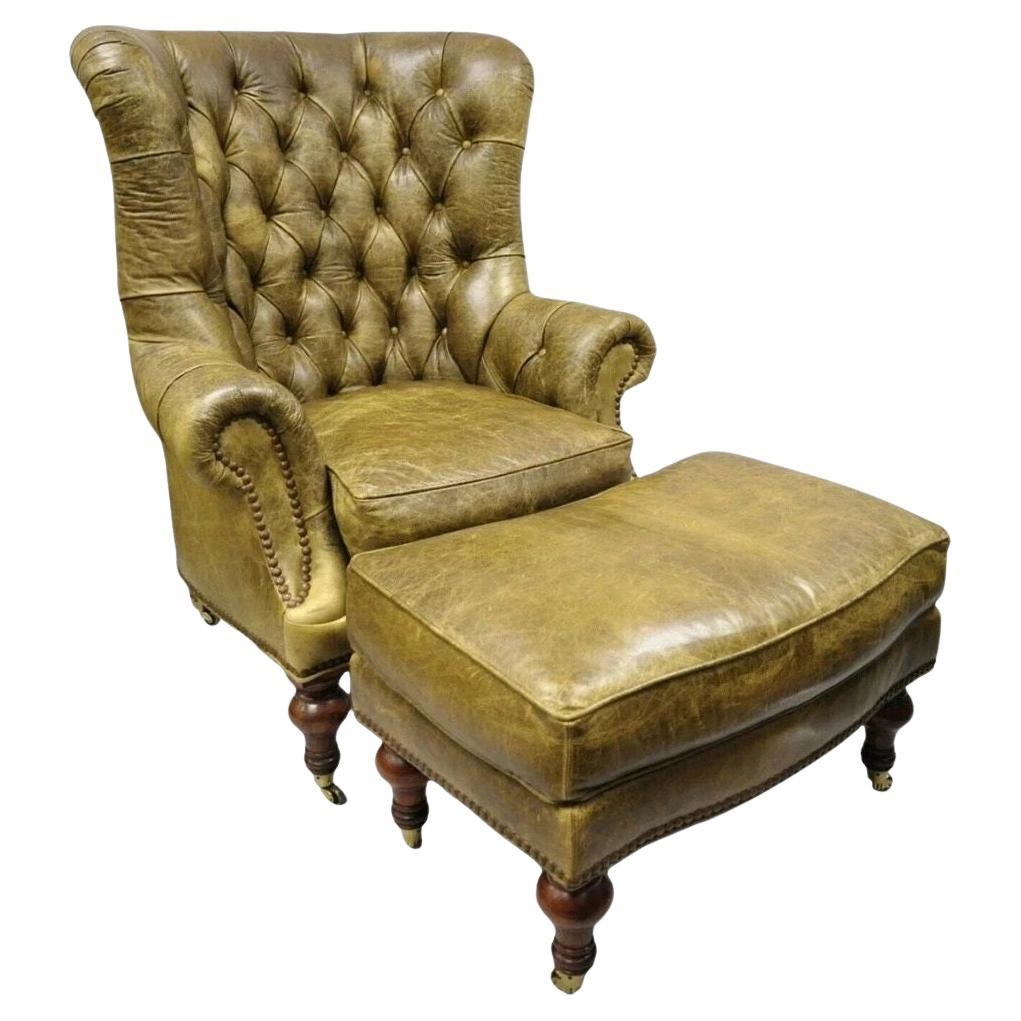 Lillian August Brown Green Leather Chesterfield Club Lounge Chair 
Ottoman For Sale