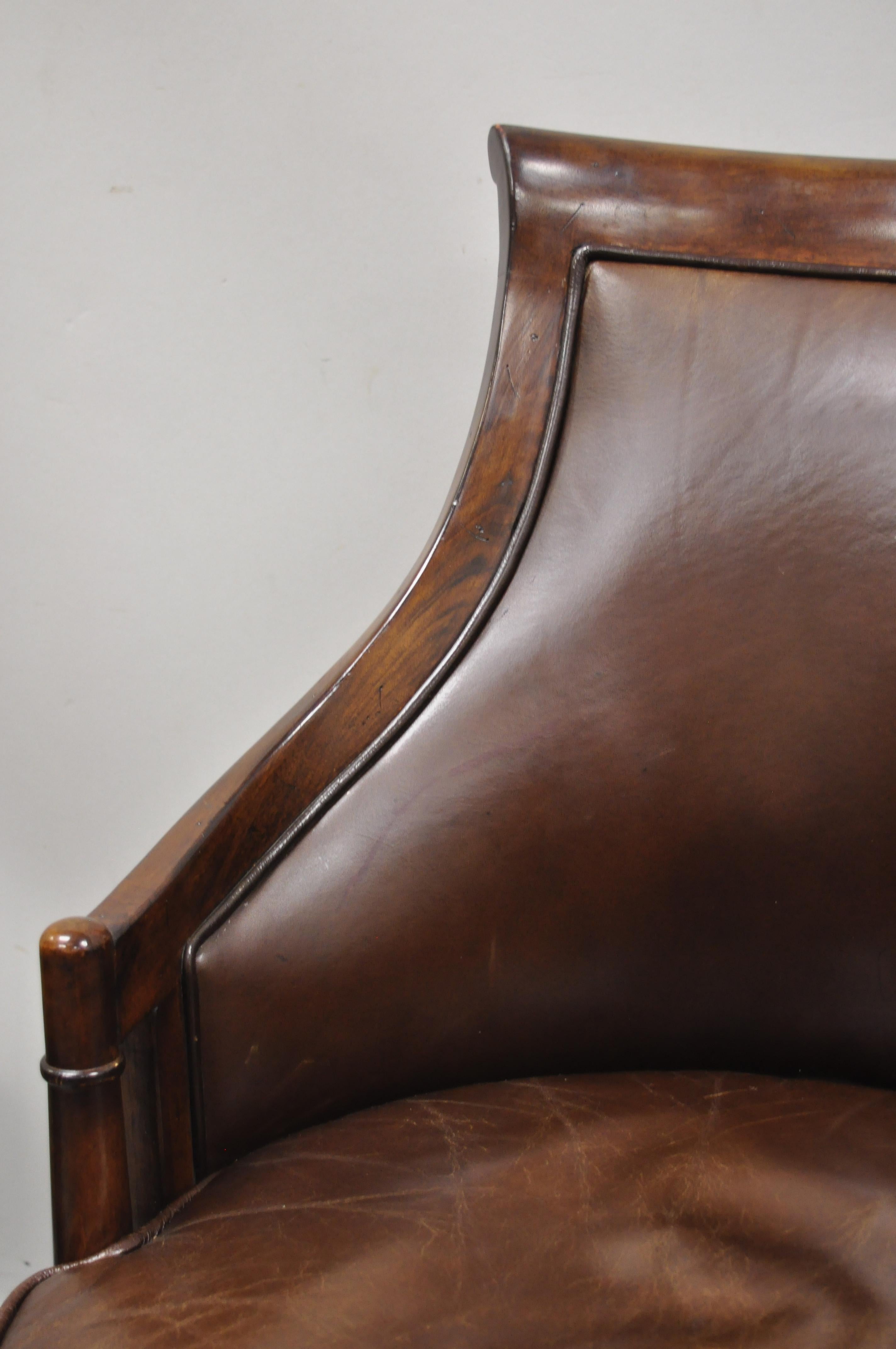 Lillian August Brown Leather Swivel Upholstered Empire Office Desk Vanity Chair In Good Condition In Philadelphia, PA