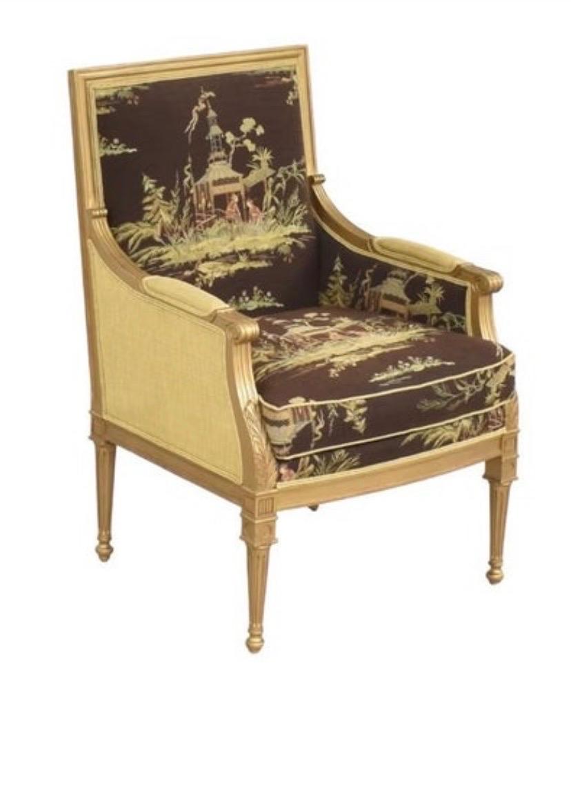 Louis XIV Lillian August Louis XVI Style Gilt Chinoiserie Bergere Club Chairs