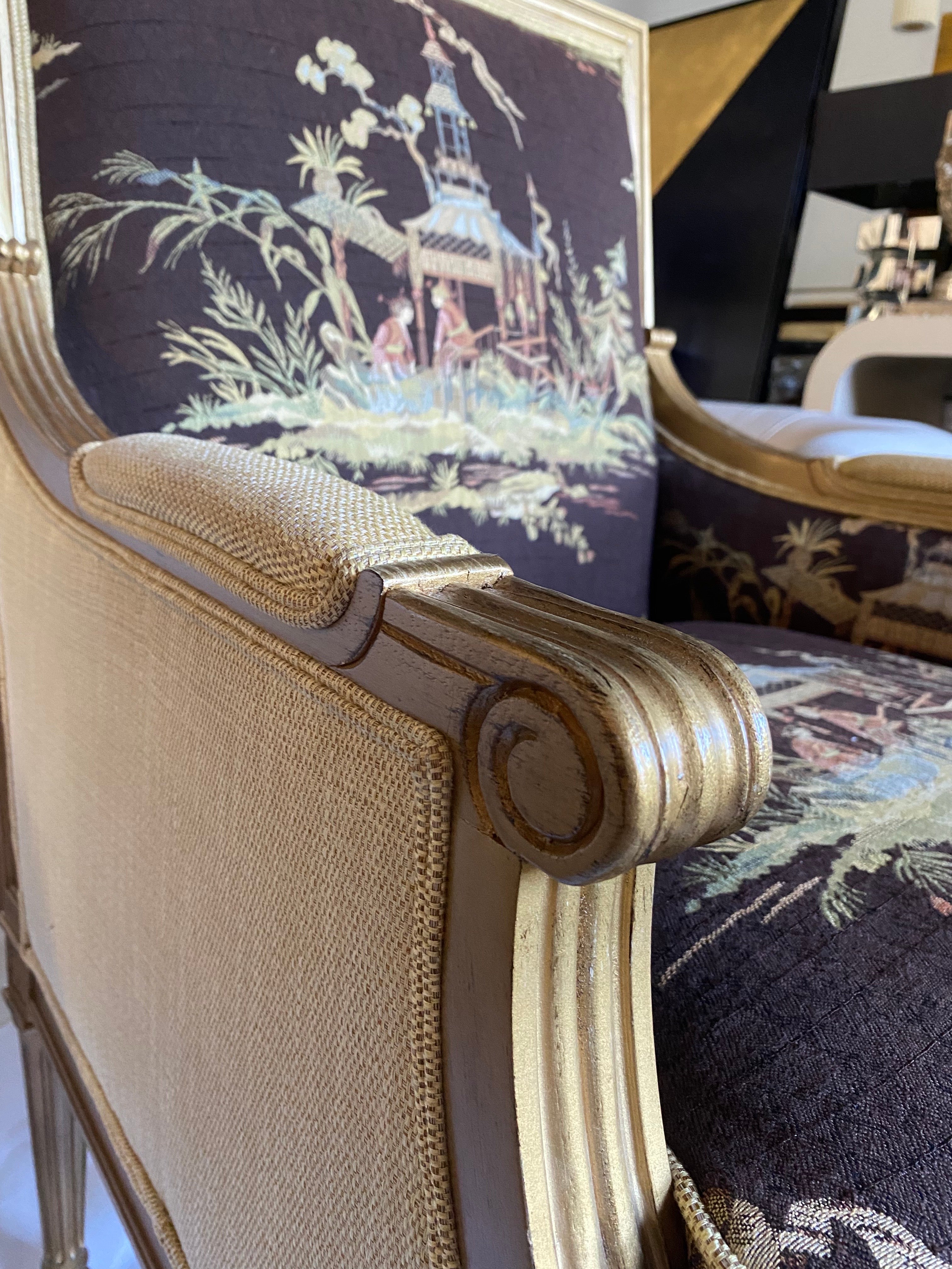 Contemporary Lillian August Louis XVI Style Gilt Chinoiserie Bergere Club Chairs