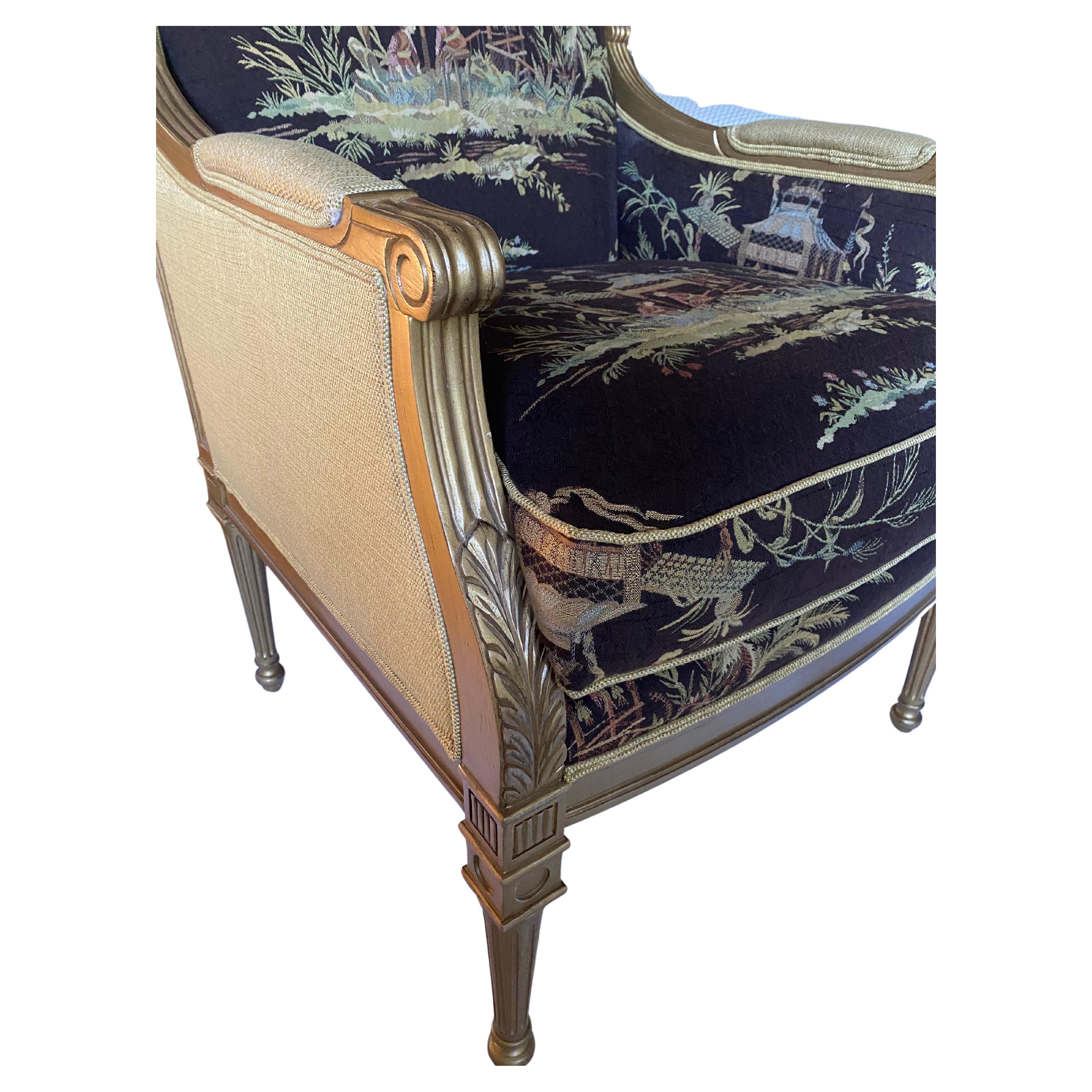 Upholstery Lillian August Louis XVI Style Gilt Chinoiserie Bergere Club Chairs