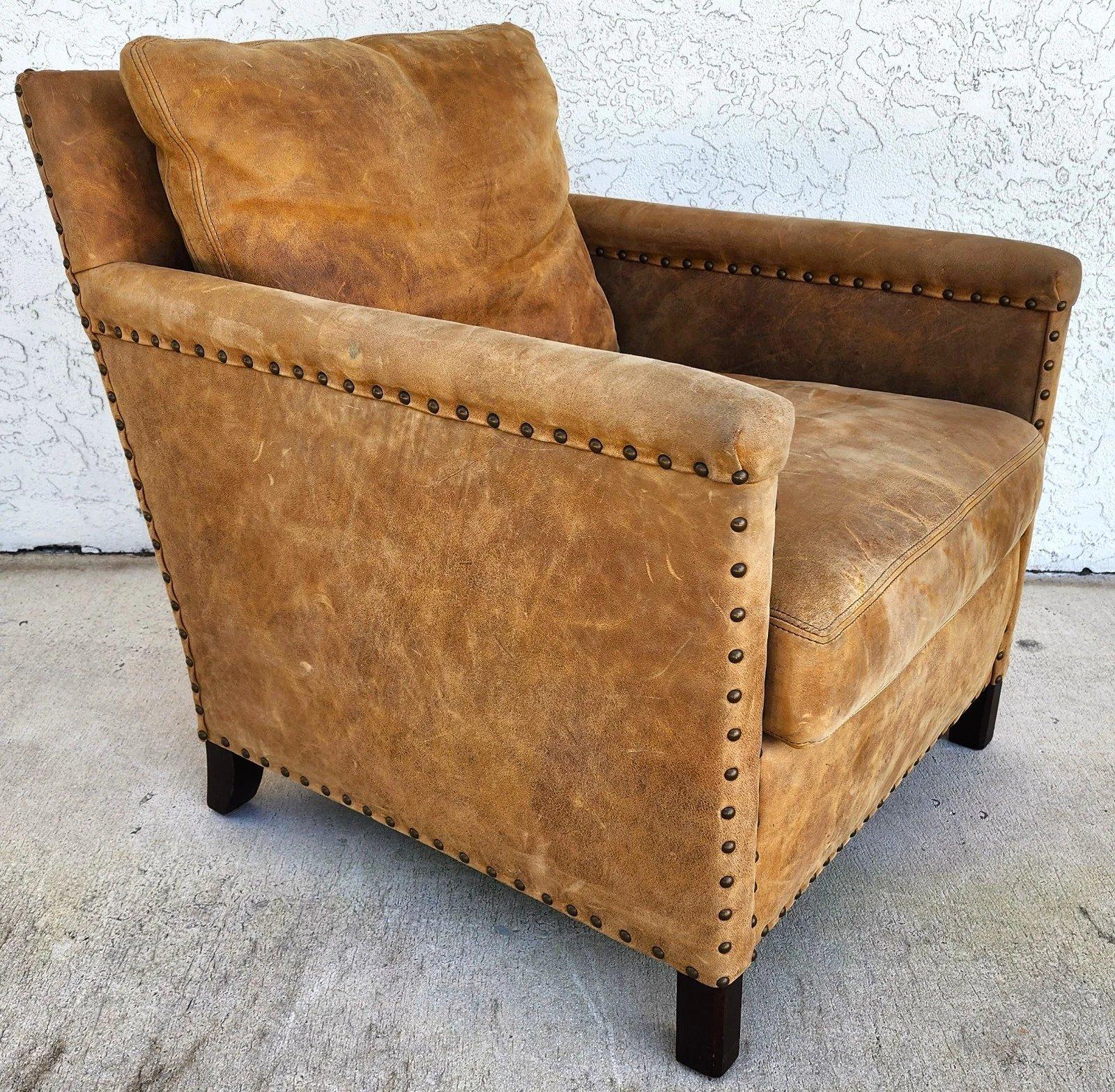 Mid-Century Modern Lillian August Fauteuil club en cuir sellier MCM Ralph Lauren Style en vente