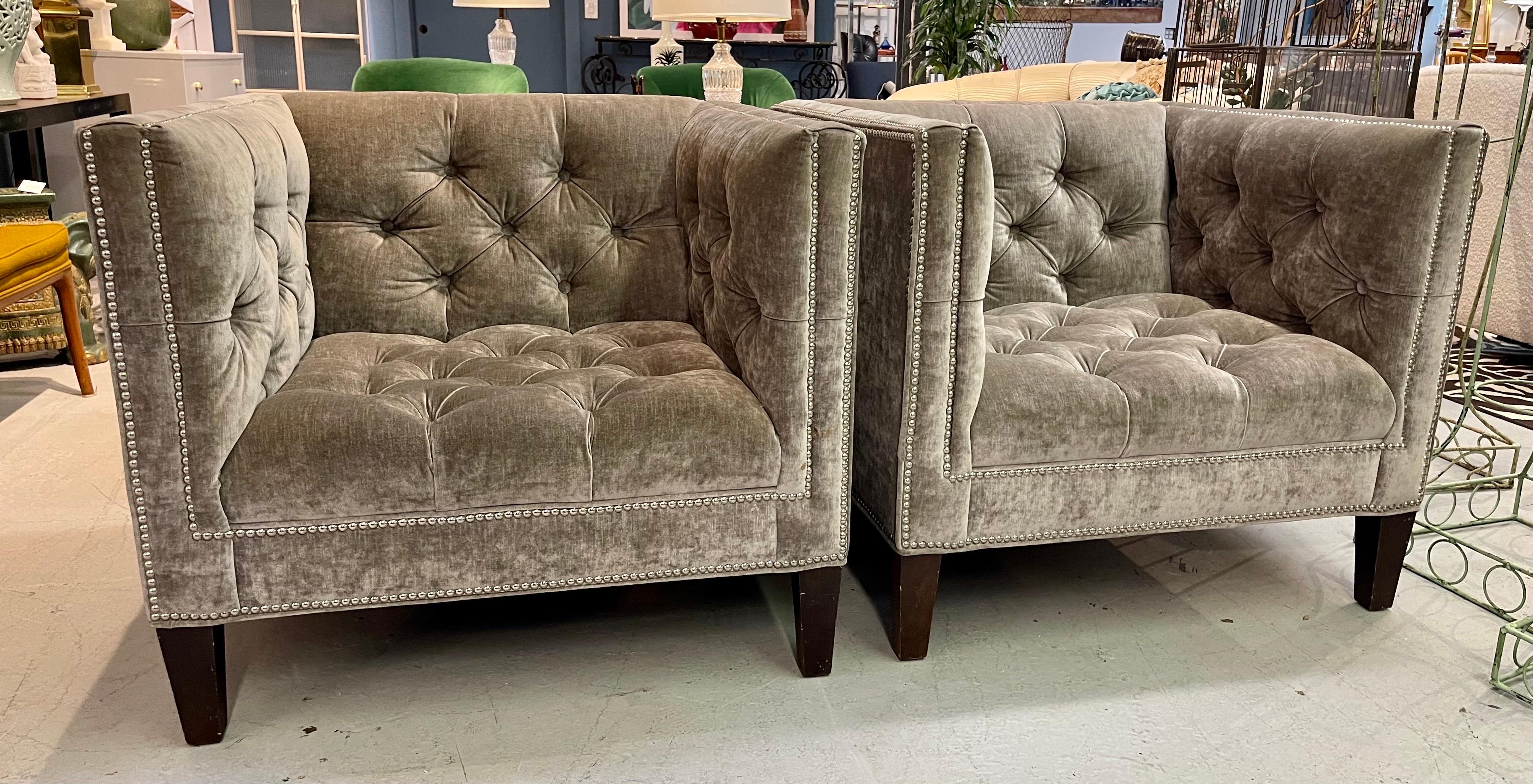 Lillian August Tufted Square Back Pair of Gray Velvet Chesterfield Chairs In Good Condition In West Hartford, CT