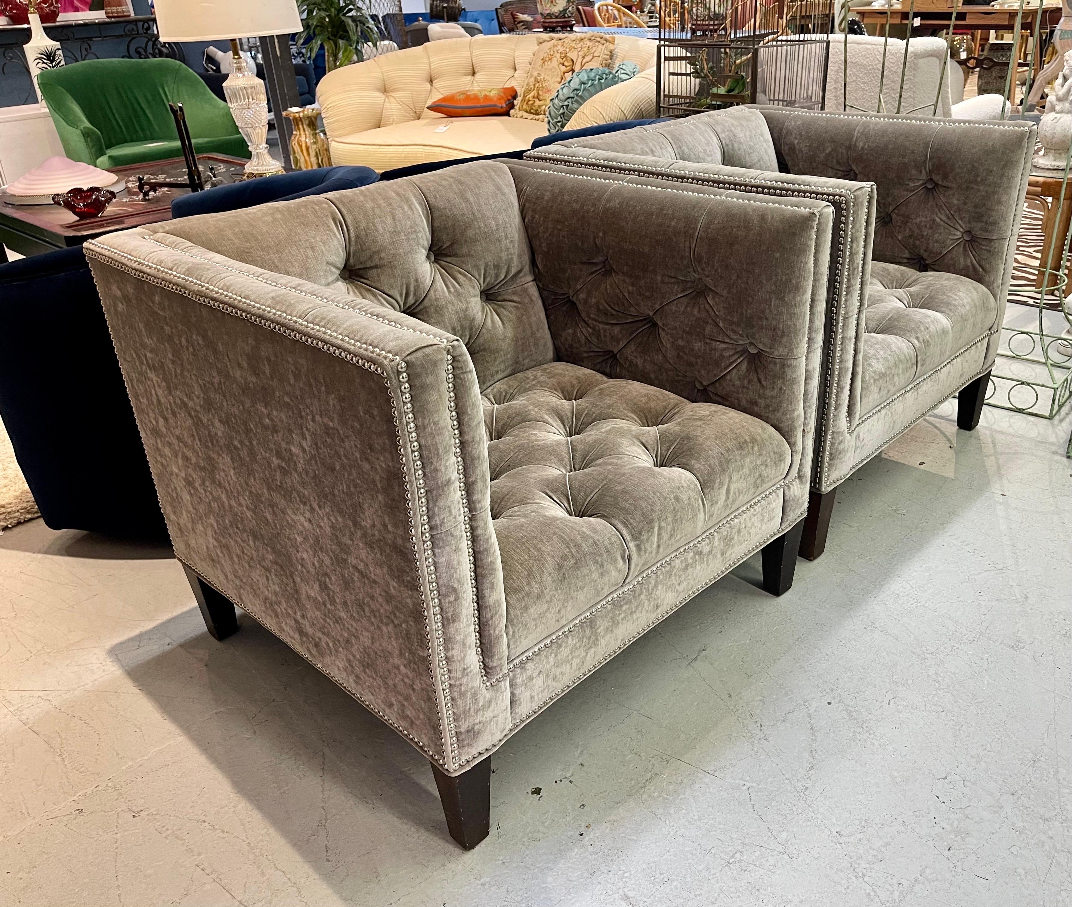 Contemporary Lillian August Tufted Square Back Pair of Gray Velvet Chesterfield Chairs