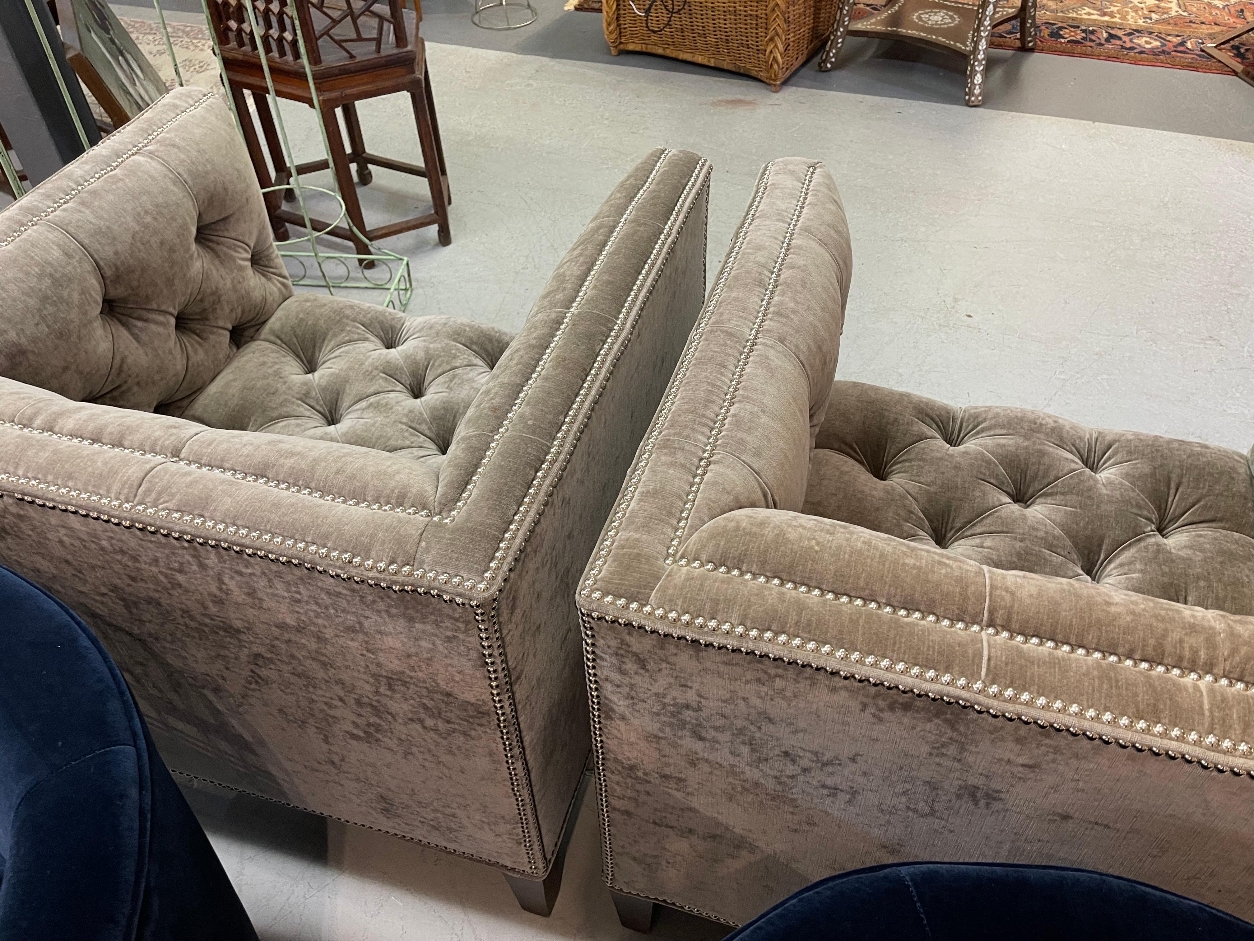 Lillian August Tufted Square Back Pair of Gray Velvet Chesterfield Chairs 4
