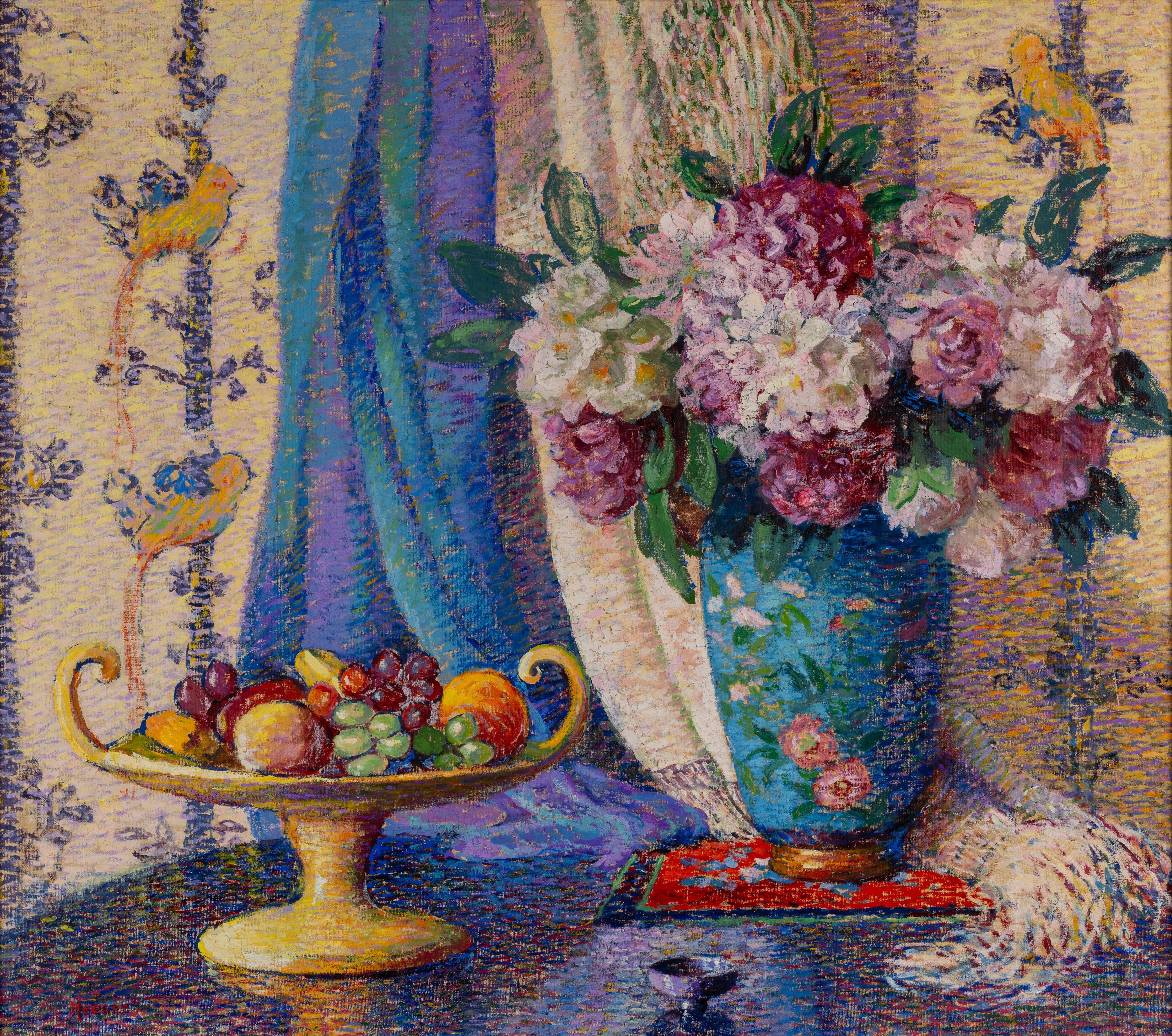 Stilleben mit blauem Vorhang – Painting von Lillian Burk Meeser