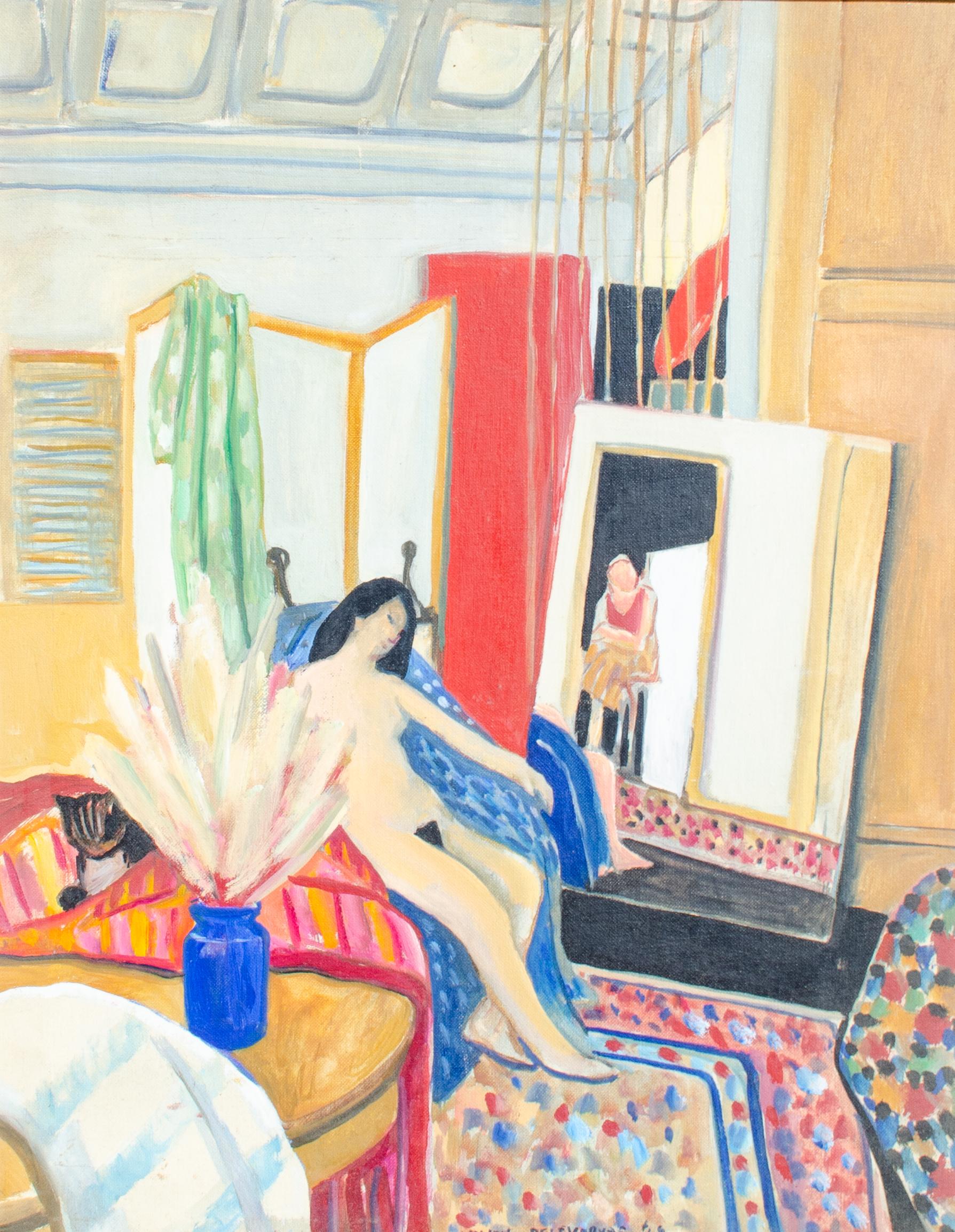 Lillian Delevoryas
Untitled (Nude & Interior), 1969
Oil on board
19 3/4 x 15 1/2 in.
Framed: 24 1/2 x 20 1/2 x 1 1/4 in.
Signed and dated lower right

Lillian Grace Delevoryas (January 3, 1932 - March 6, 2018) was an American artist whose career