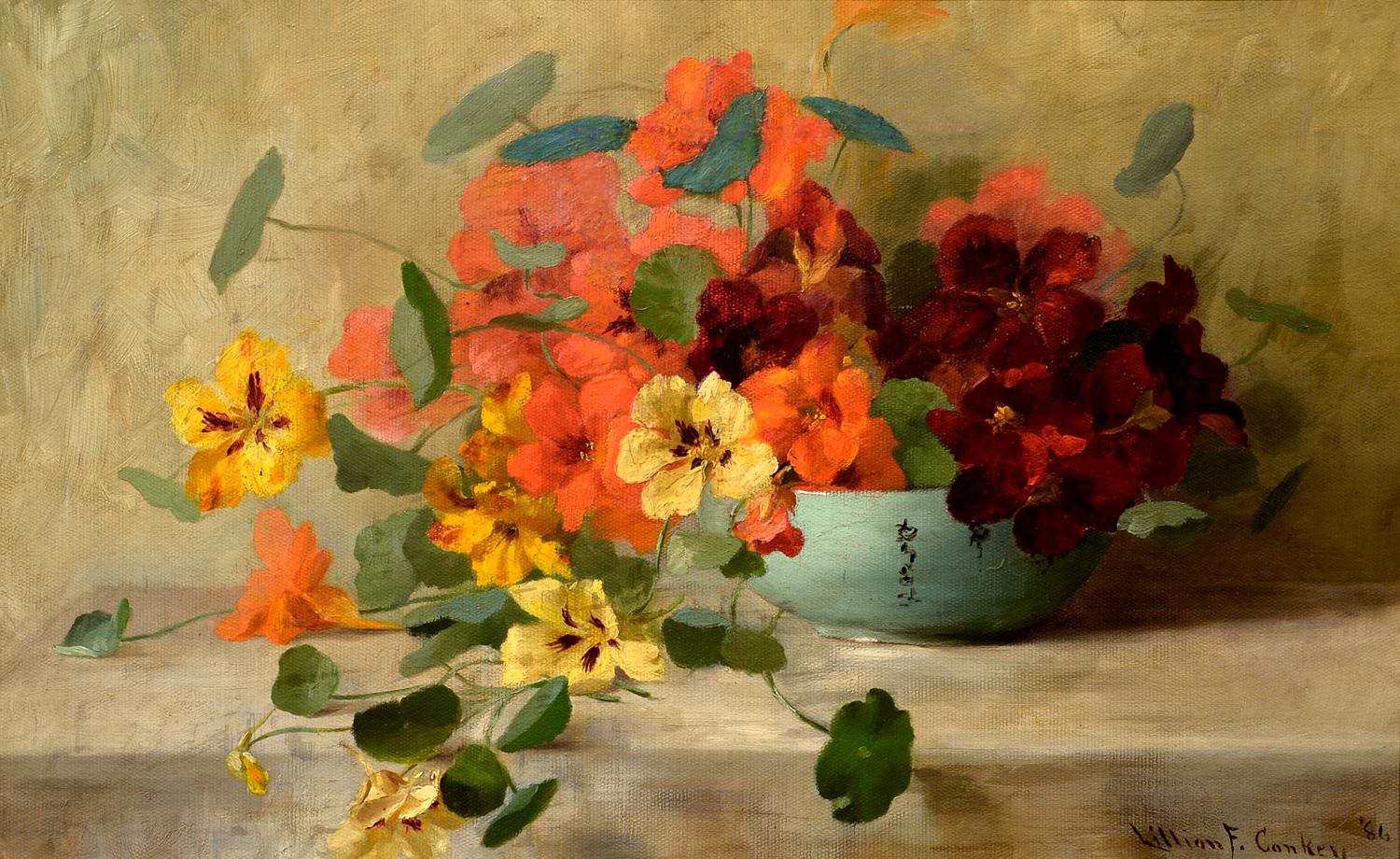 Lillian F. Conkey Still-Life Painting - "Nasturtiums in a Chinese Bowl" 19th Century Impressionist Oil Flower Still Life