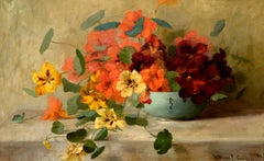"Nasturtiums in a Chinese Bowl" 19th Century Impressionist Oil Flower Still Life