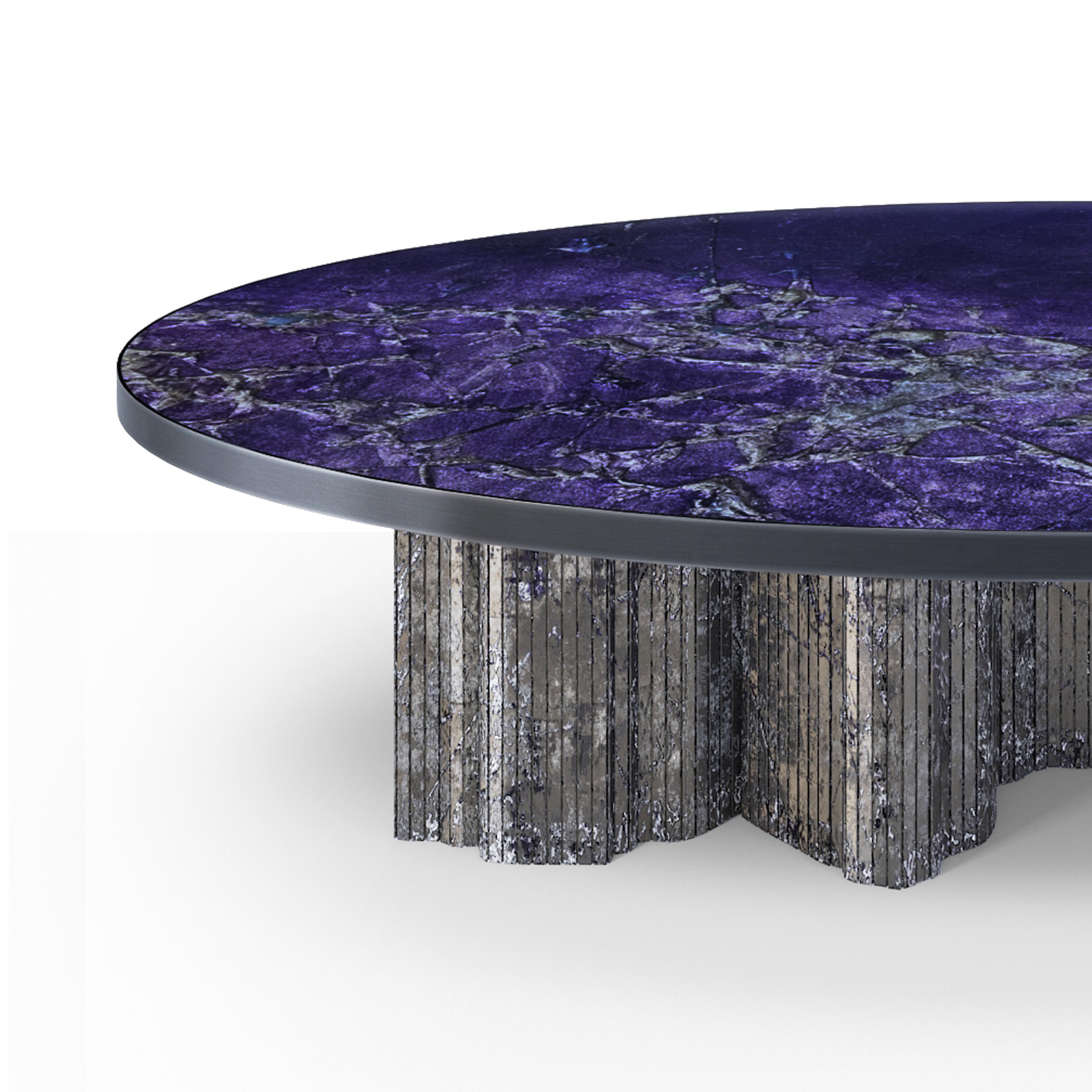 Lillian Gorbachincky's Limited edition Apollo dining table featuring signature art glass and bronze designed and fabricated by Lillian Gorbachincky Atelier.

Overall dimensions: 96