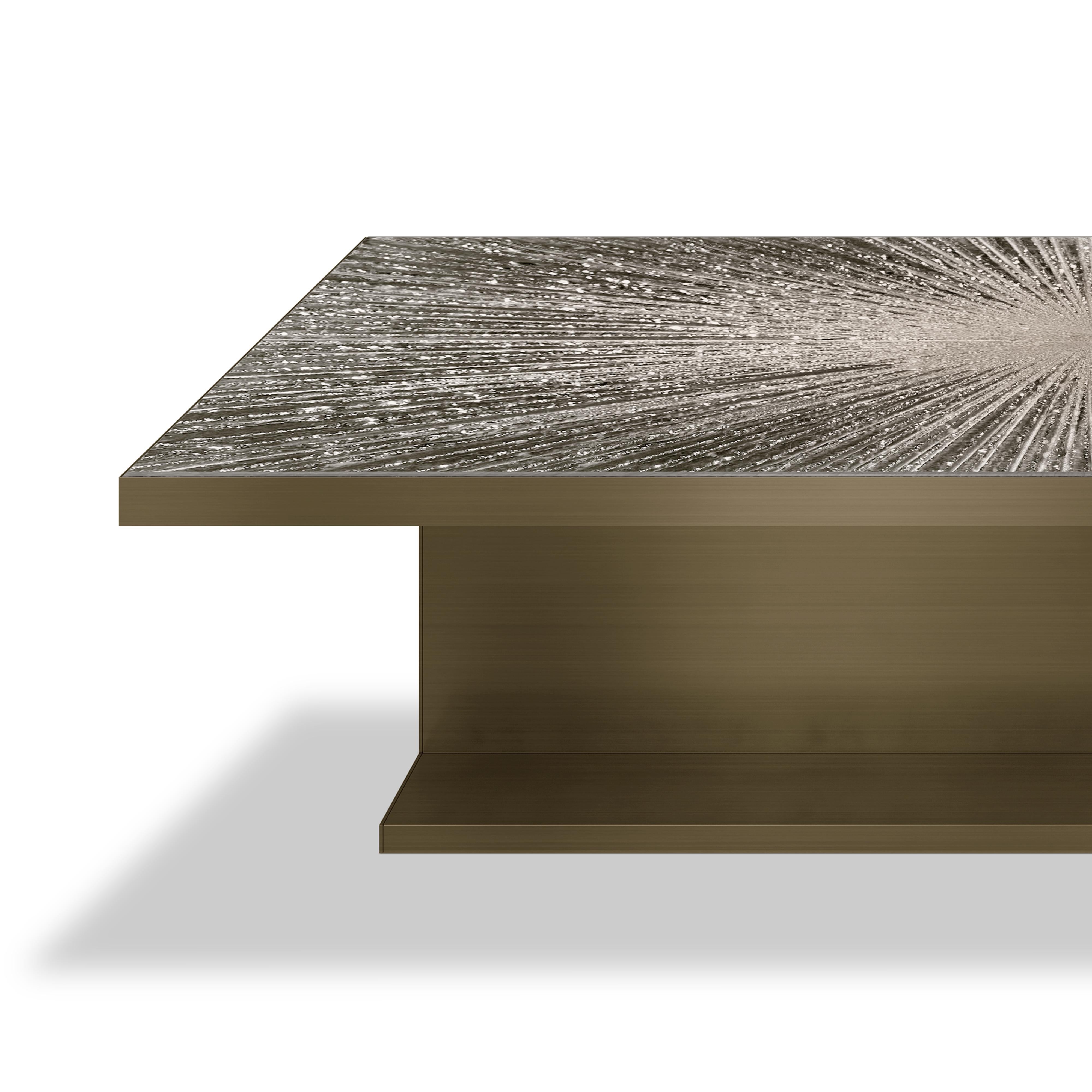 Lillian Gorbachincky's signature limited edition GALA bronze dining table with starburst art glass top and bronze base designed and fabricated by Lillian Gorbachicnky Atelier.

Overall Dimensions: 96