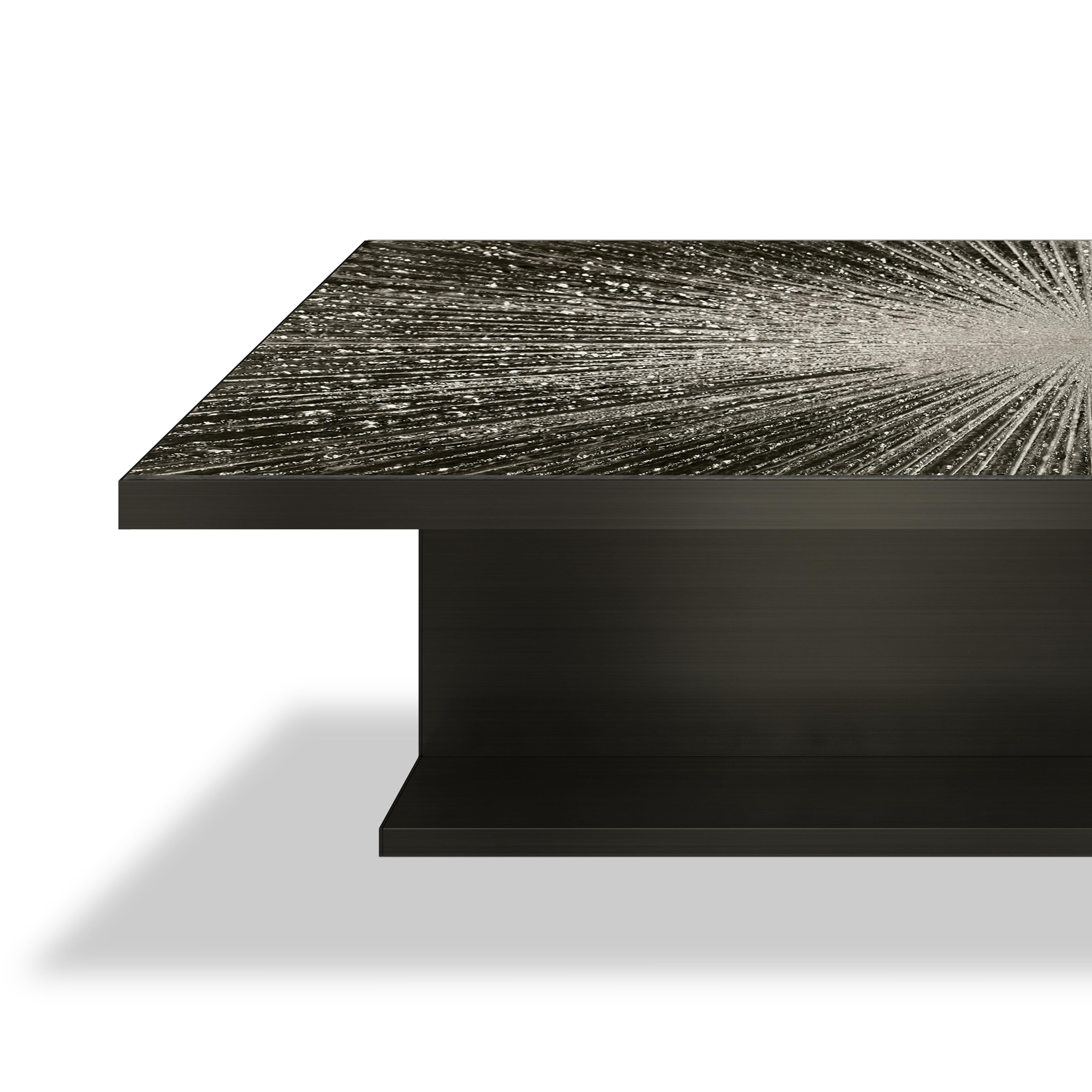 Lillian Gorbachincky's Signature Limited Edition GALA dining table with starburst art glass top and bronze base designed and fabricated by Lillian Gorbachicnky Atelier.

Overall dimensions: 96